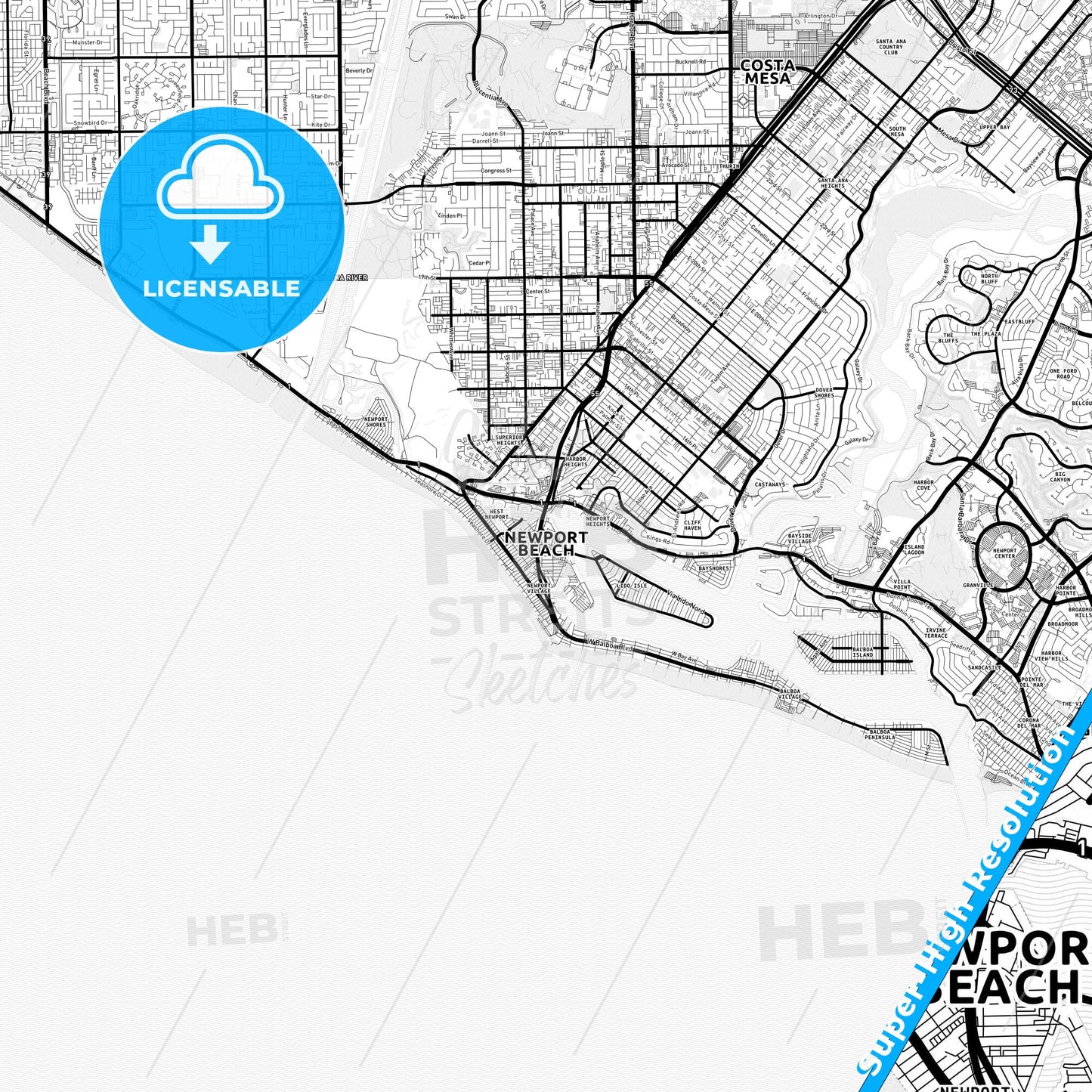 Newport Beach, California Light Map with Street Names, City Names, and Districts