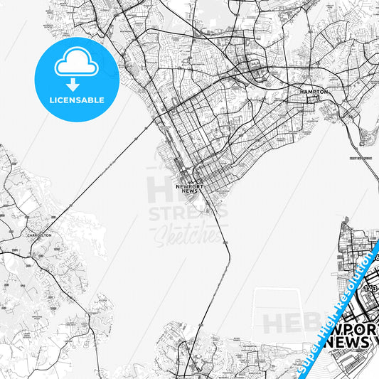 Newport News, Virginia light map with streetnames, citynames and districts