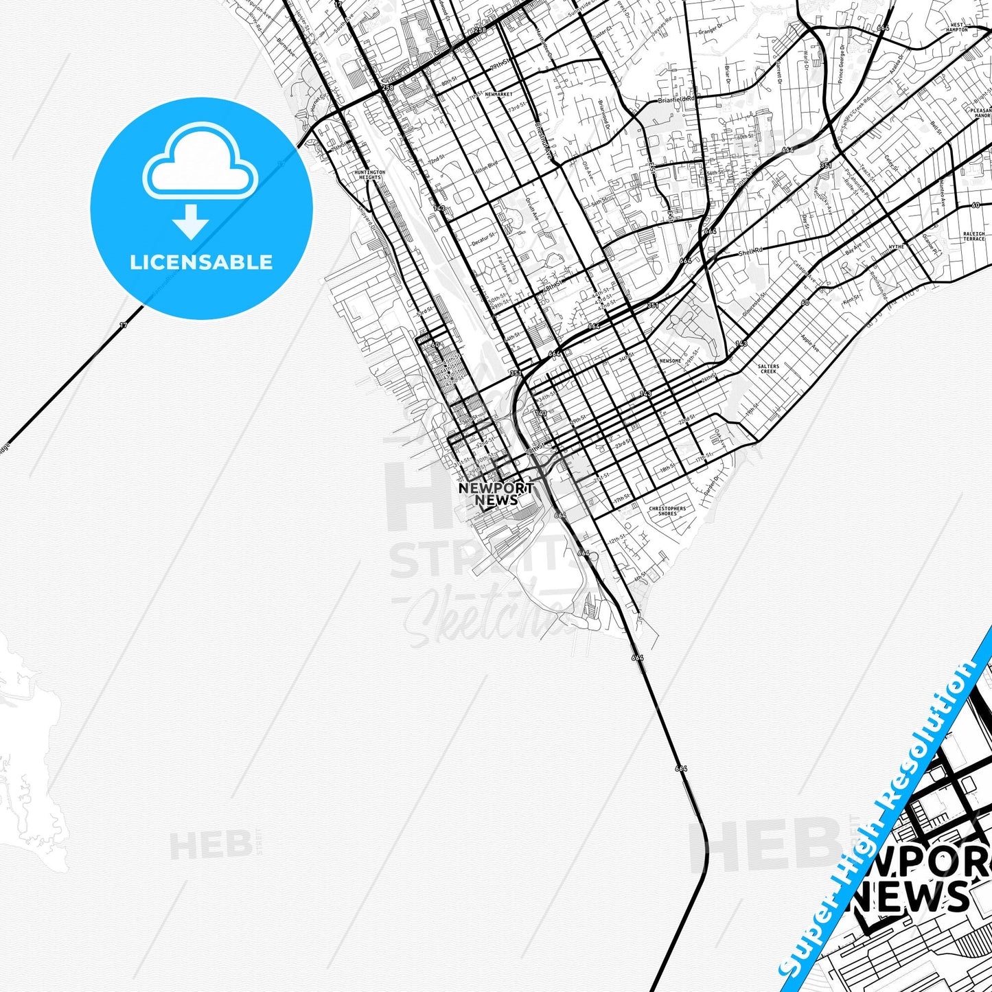 Newport News, Virginia Light Map with Street Names, City Names, and Districts