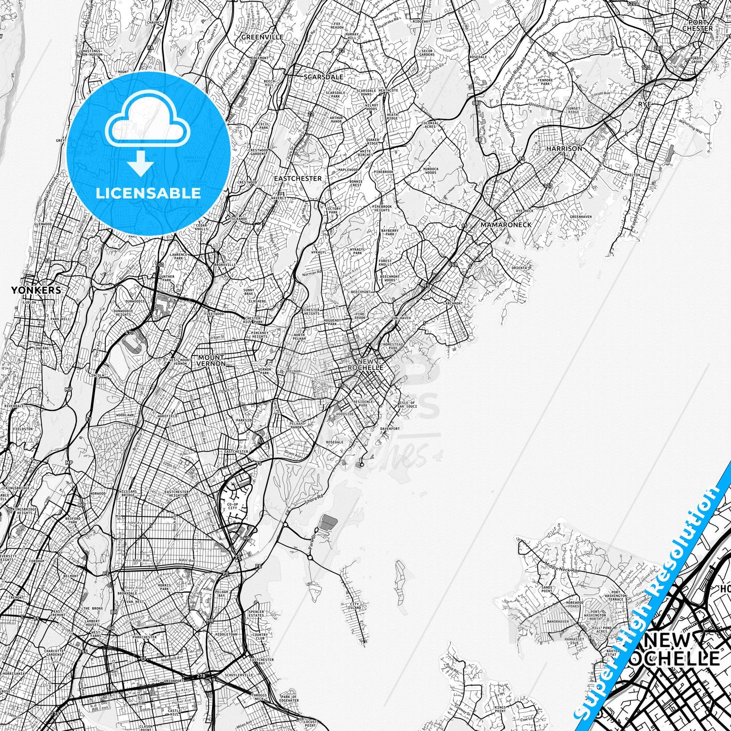 New Rochelle, New York light map with streetnames, citynames and districts