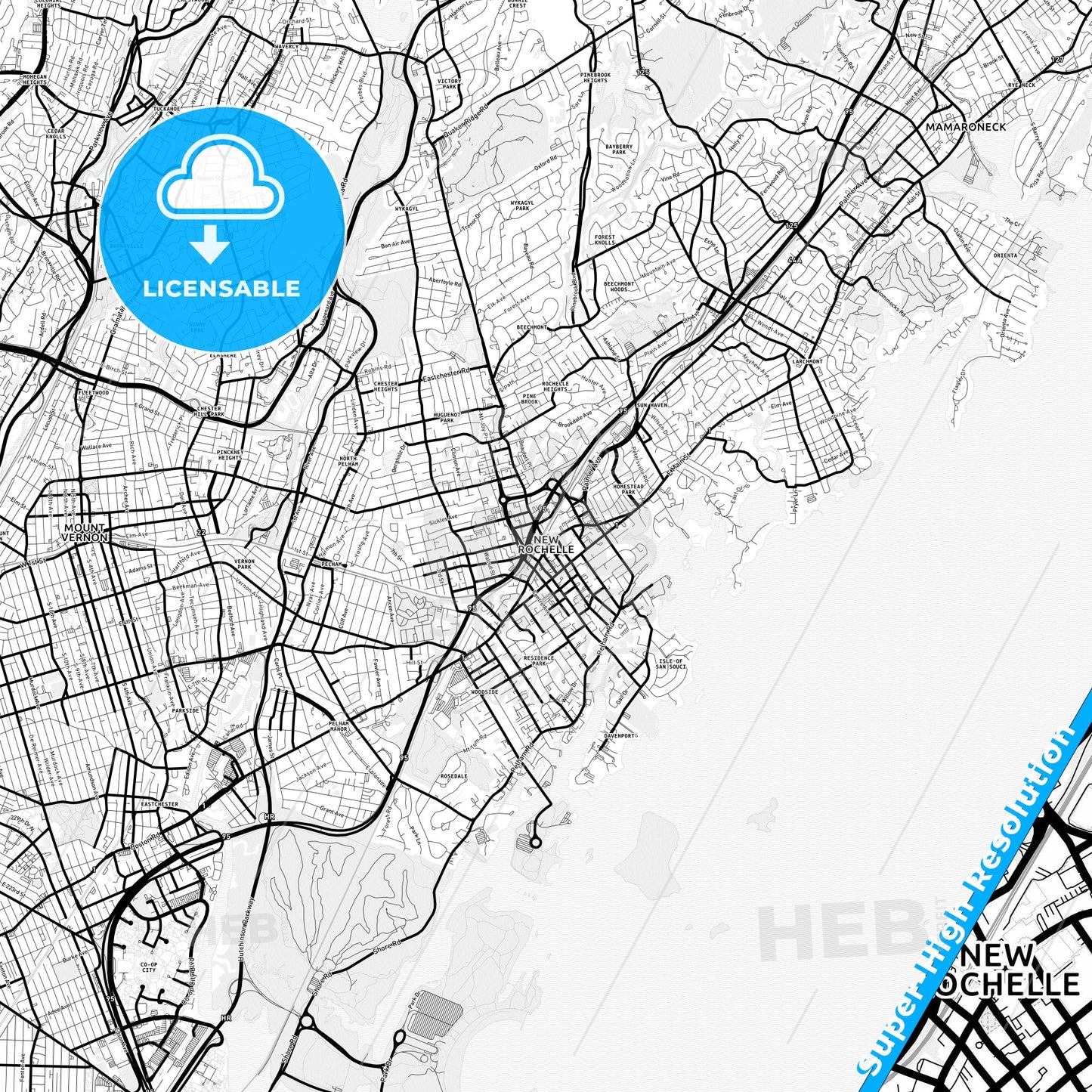 New Rochelle, New York Light Map with Street Names, City Names, and Districts