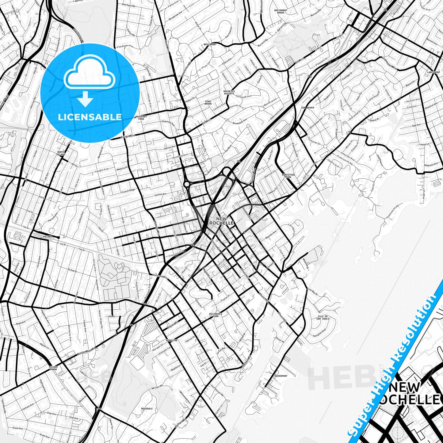 New Rochelle, New York Light Map with Street Names, City Names, and Districts