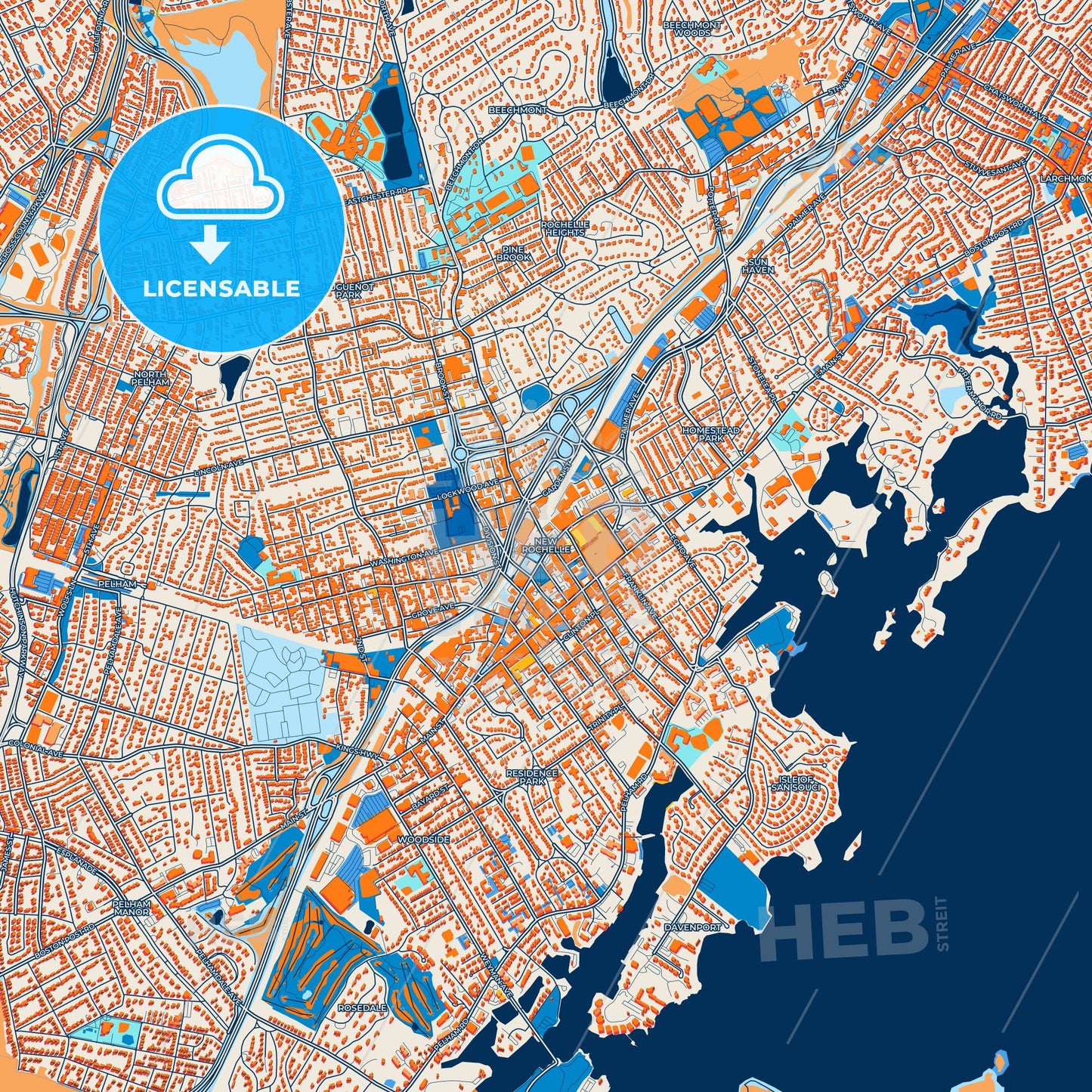 Colorful New Rochelle Street Map with Labels and Buildings