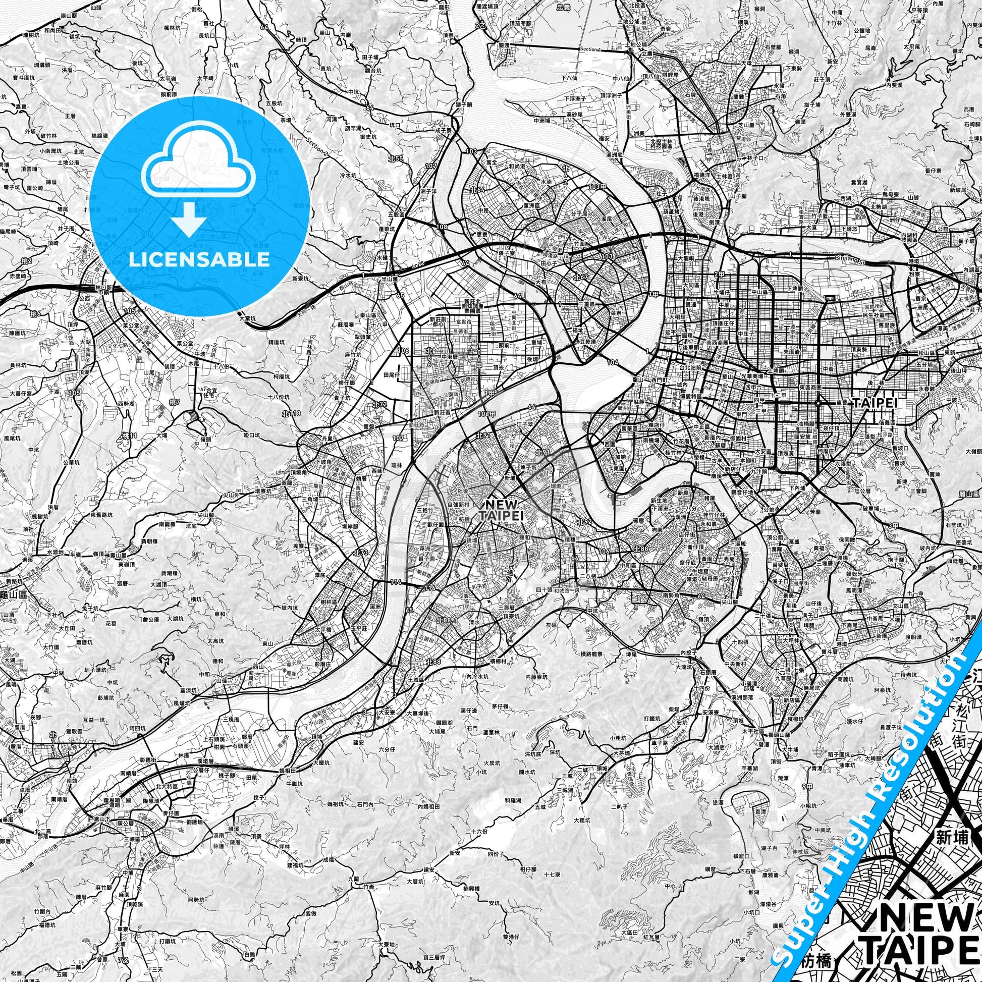 New Taipei, Taiwan light map with streetnames, citynames and districts