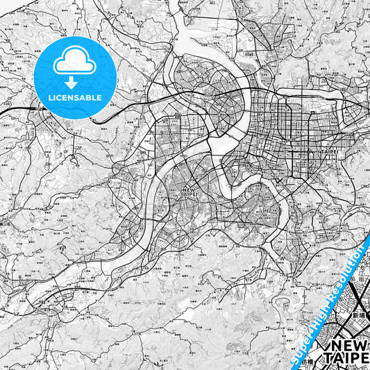 New Taipei, Taiwan light map with streetnames, citynames and districts