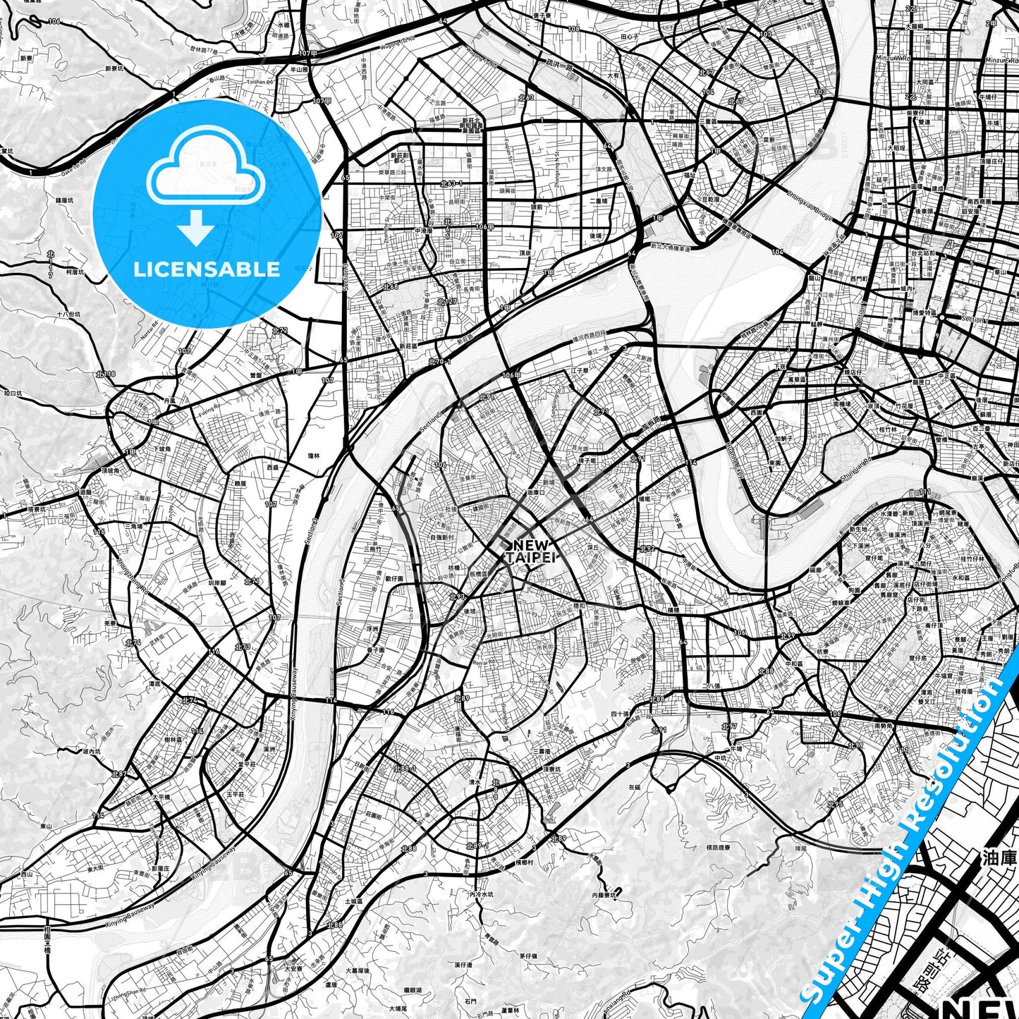 New Taipei, Taiwan Light Map with Street Names, City Names, and Districts