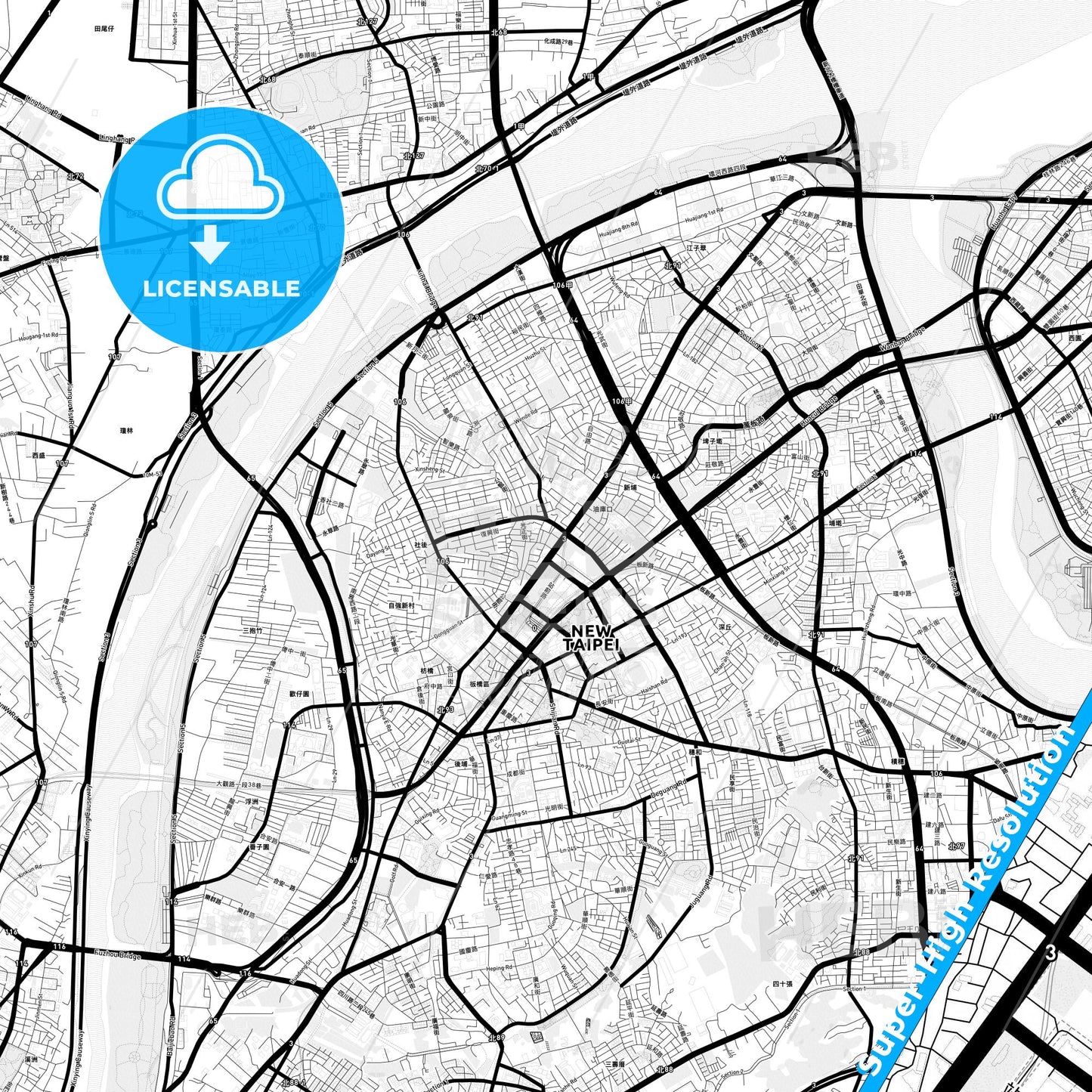 New Taipei, Taiwan Light Map with Street Names, City Names, and Districts
