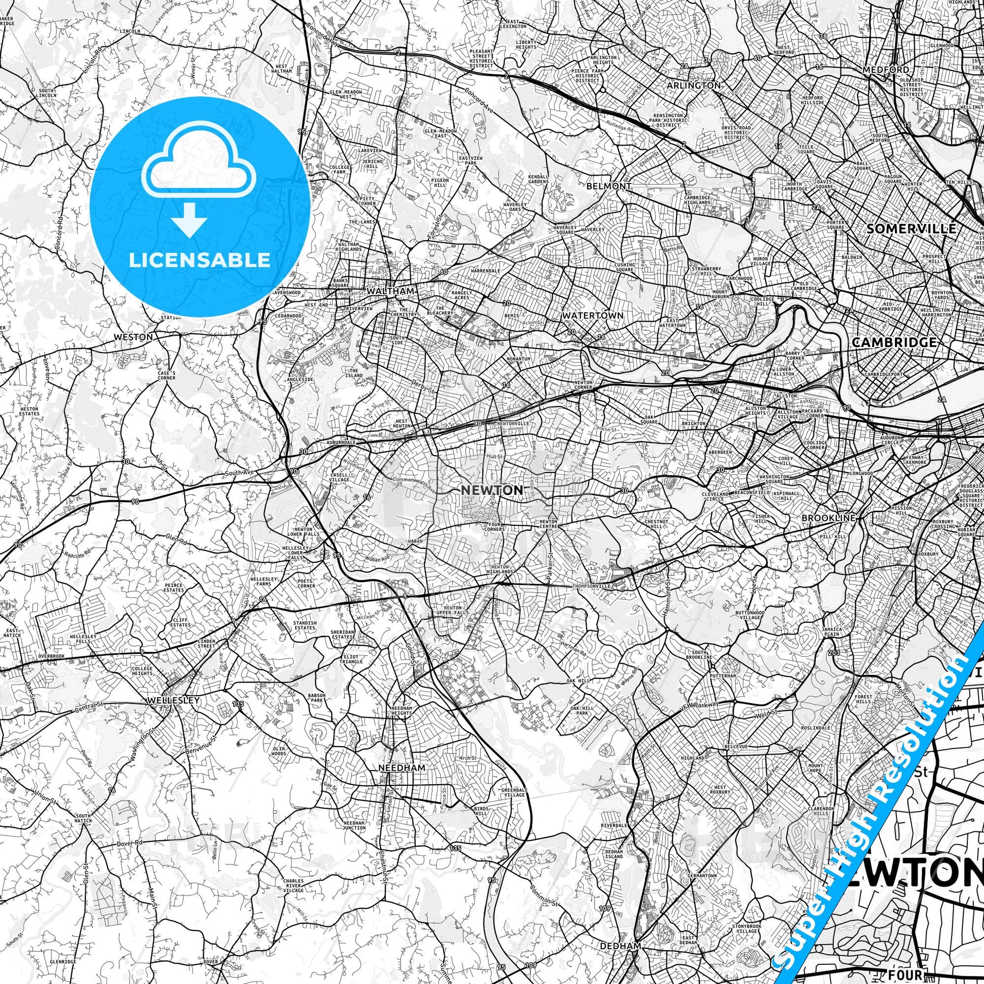 Newton, Massachusetts light map with streetnames, citynames and districts