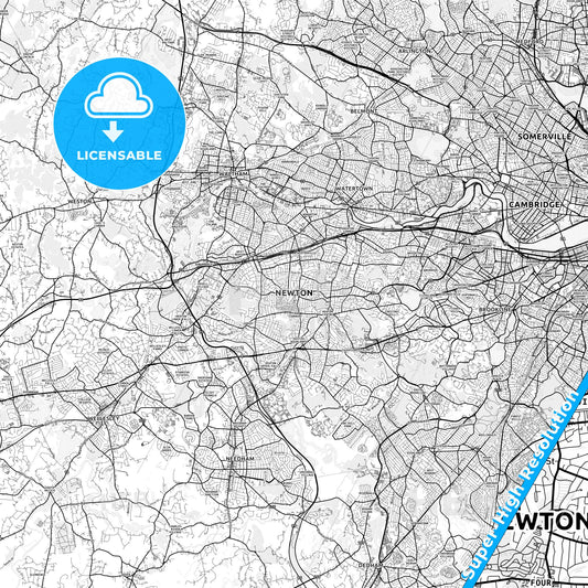 Newton, Massachusetts light map with streetnames, citynames and districts