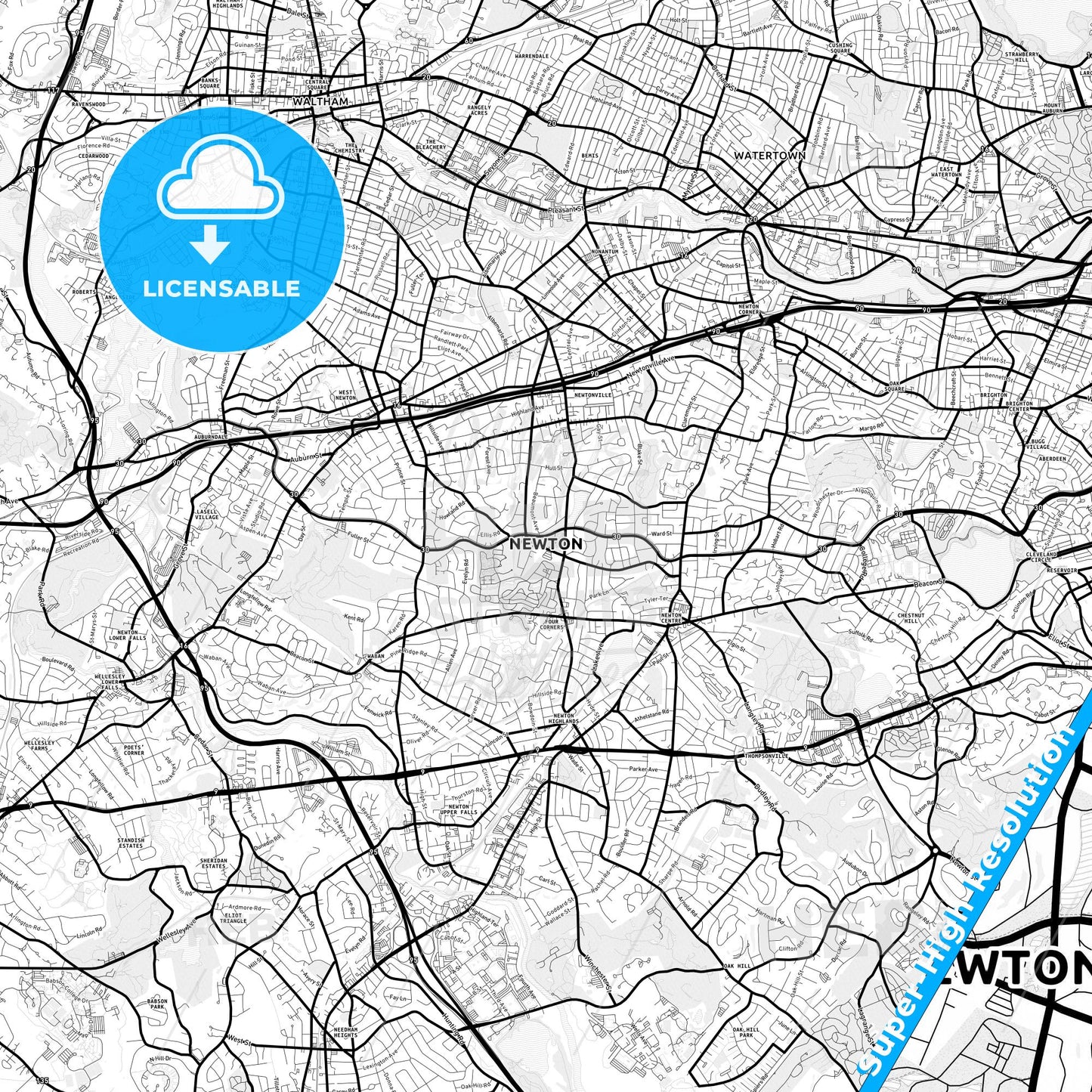 Newton, Massachusetts Light Map with Street Names, City Names, and Districts