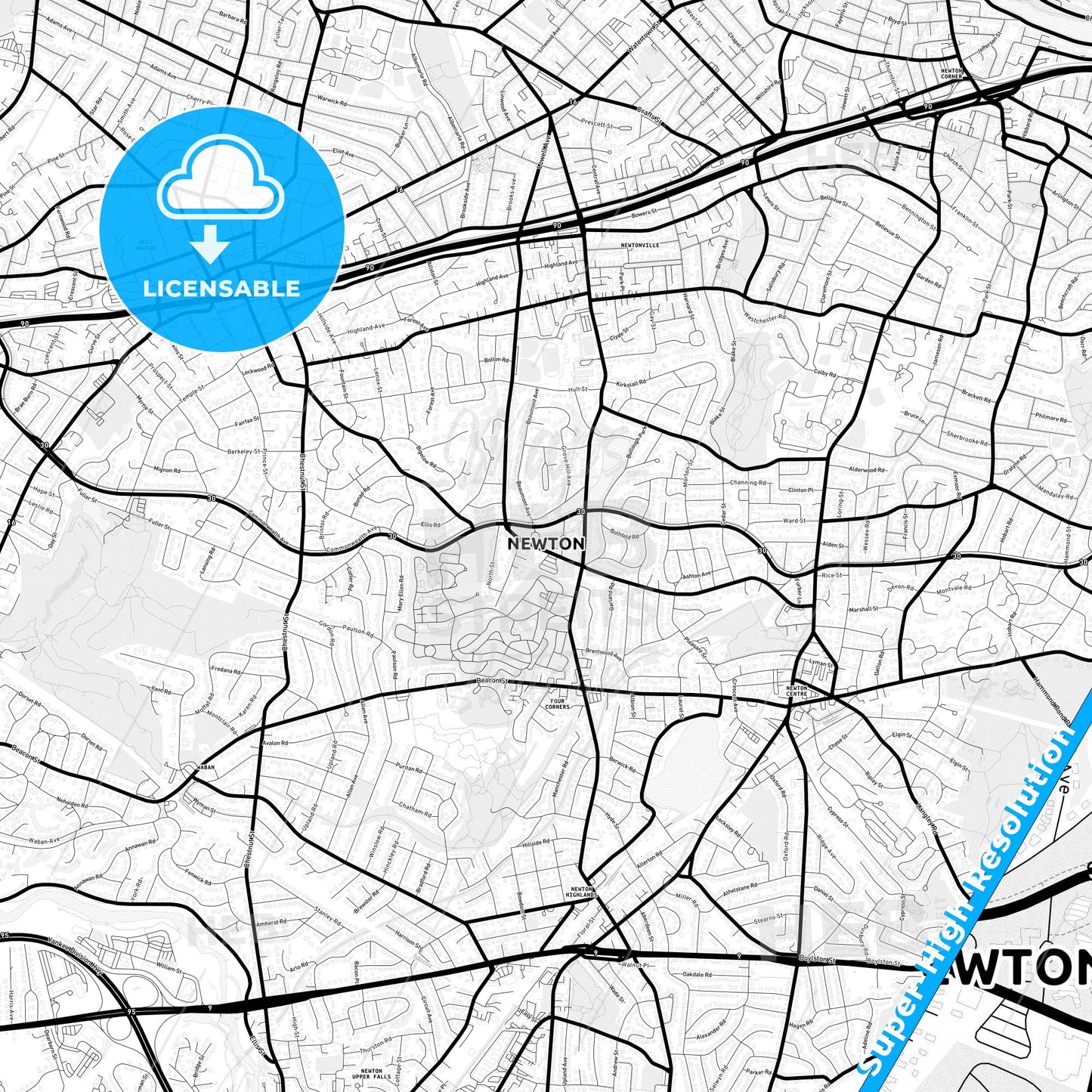 Newton, Massachusetts Light Map with Street Names, City Names, and Districts