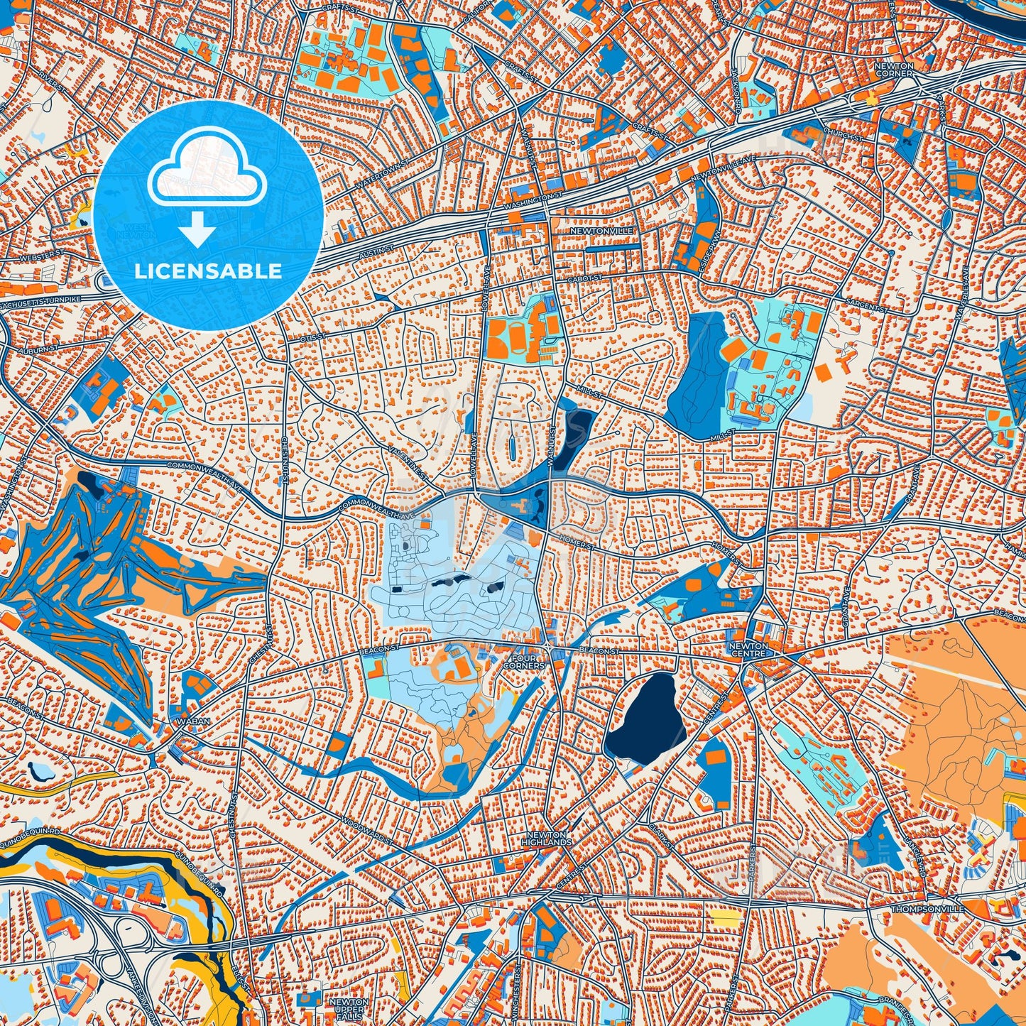 Colorful Newton Street Map with Labels and Buildings