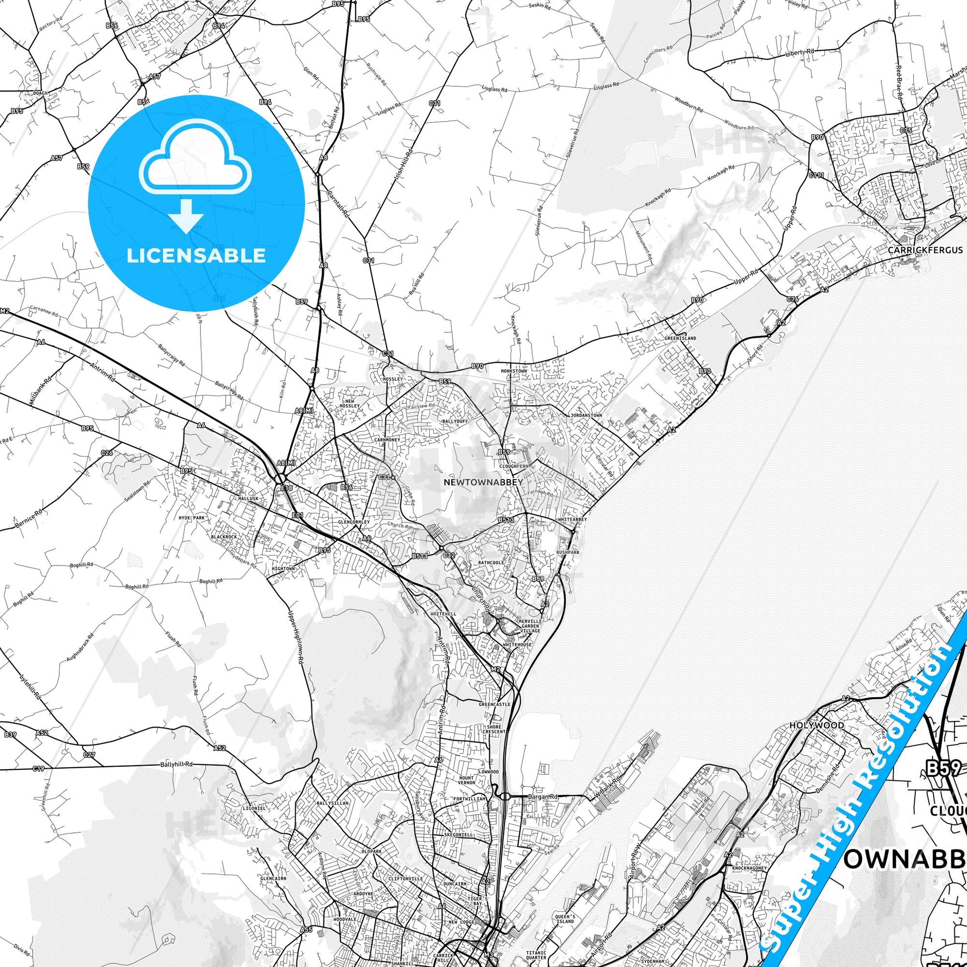 Newtownabbey, Northern Ireland light map with streetnames, citynames and districts