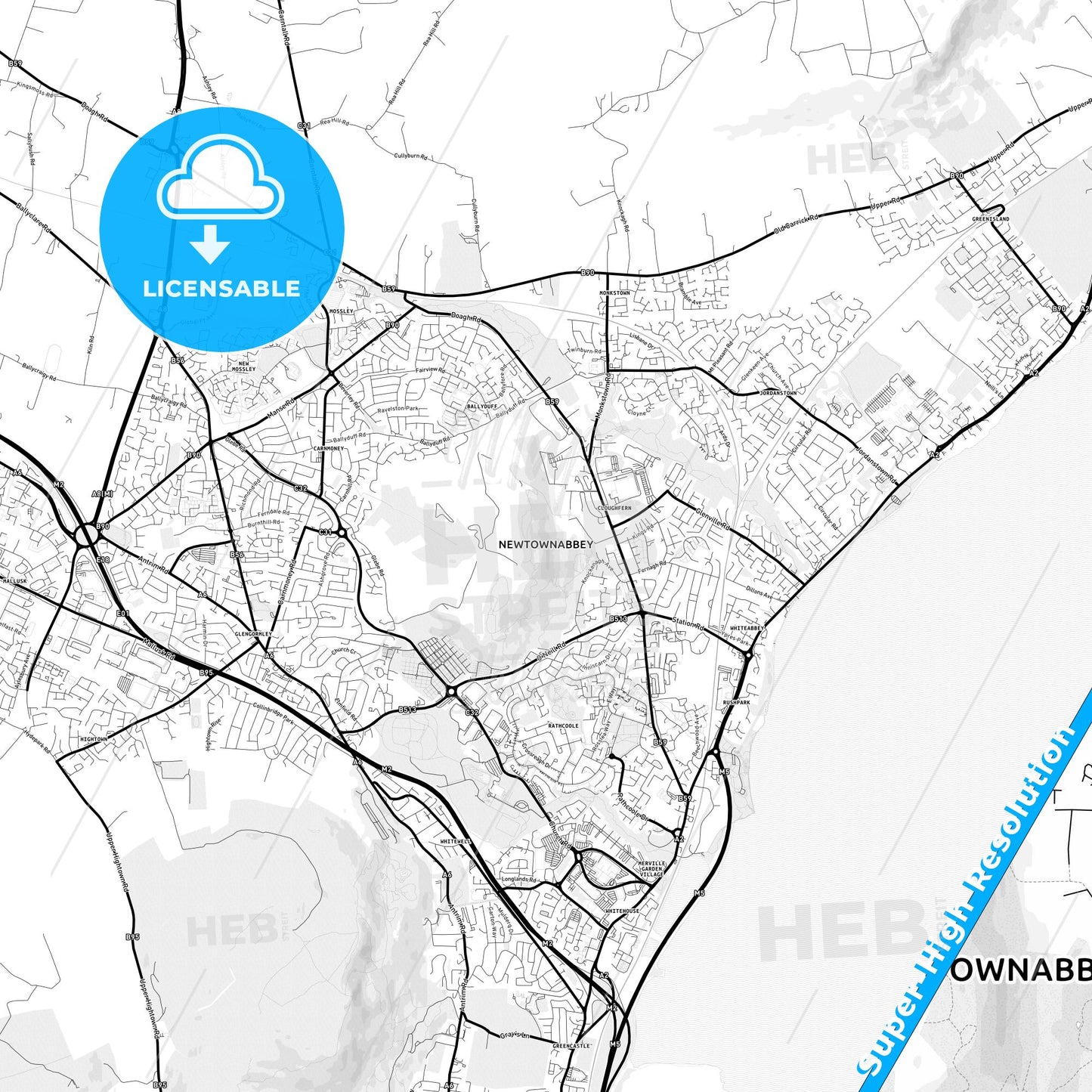 Newtownabbey, Northern Ireland Light Map with Street Names, City Names, and Districts