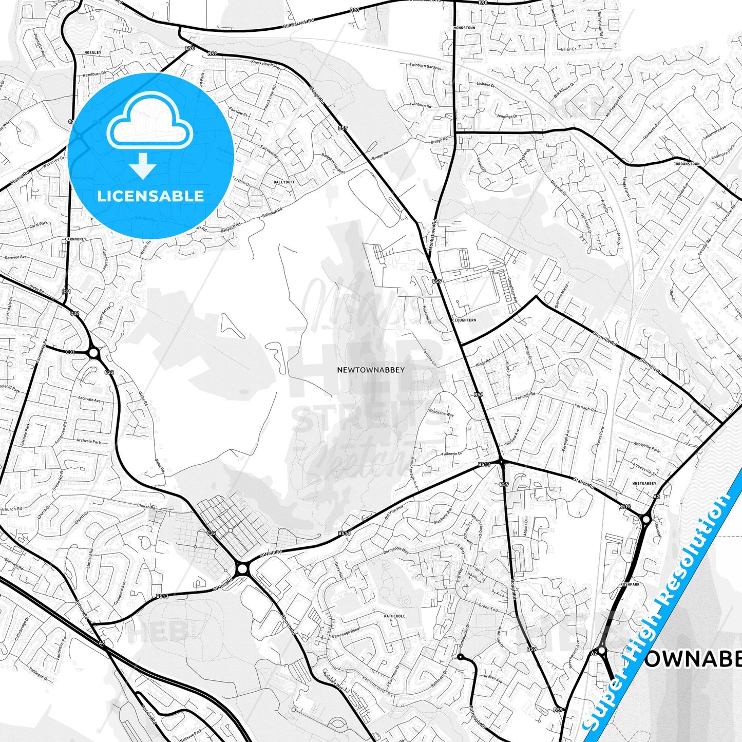 Newtownabbey, Northern Ireland Light Map with Street Names, City Names, and Districts