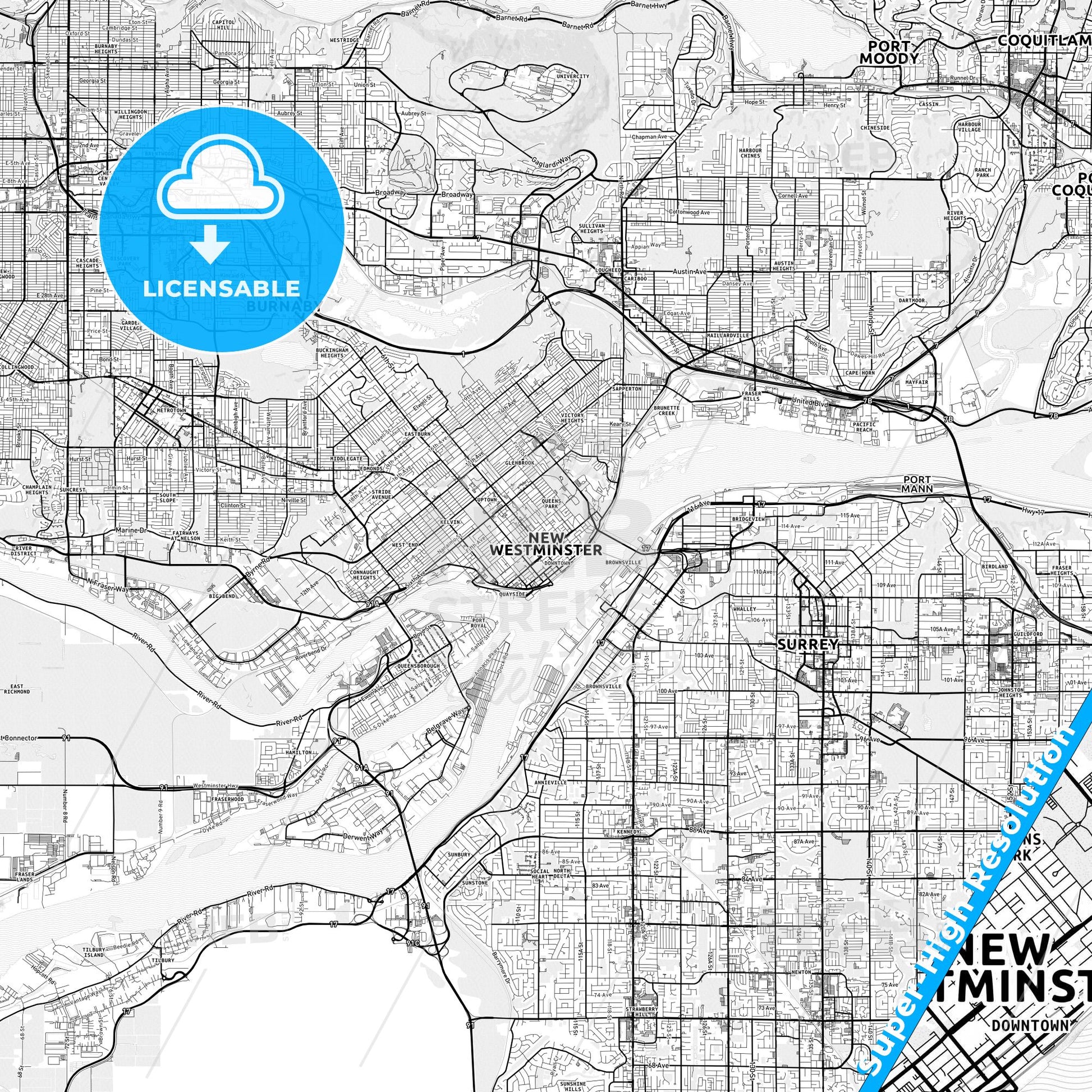 New Westminster, Canada light map with streetnames, citynames and districts