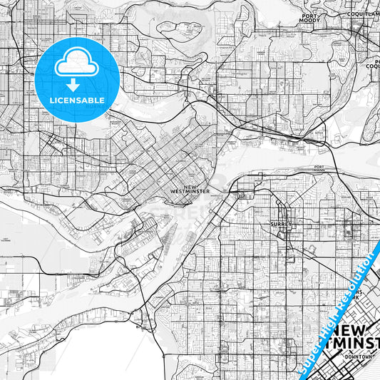 New Westminster, Canada light map with streetnames, citynames and districts