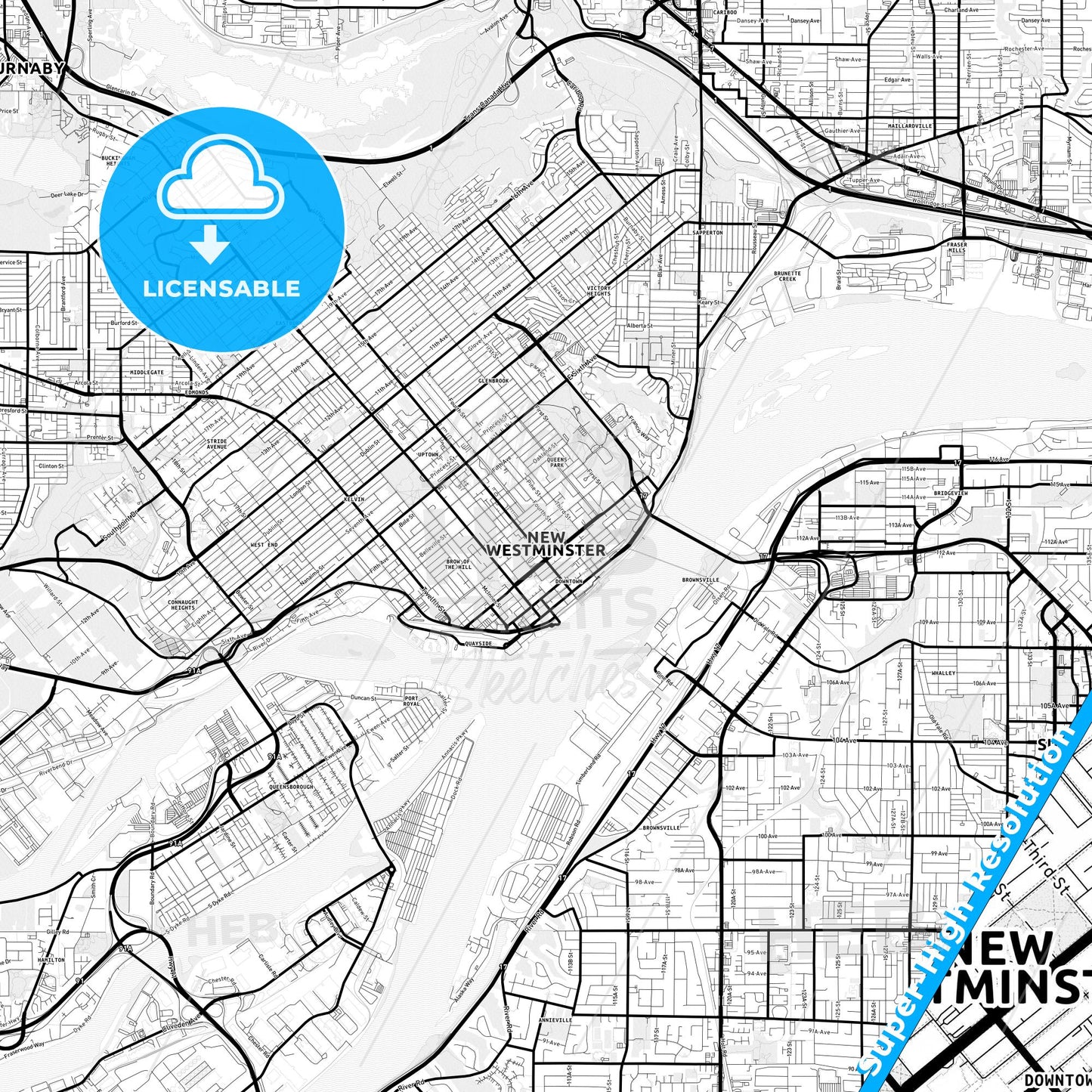 New Westminster, Canada Light Map with Street Names, City Names, and Districts