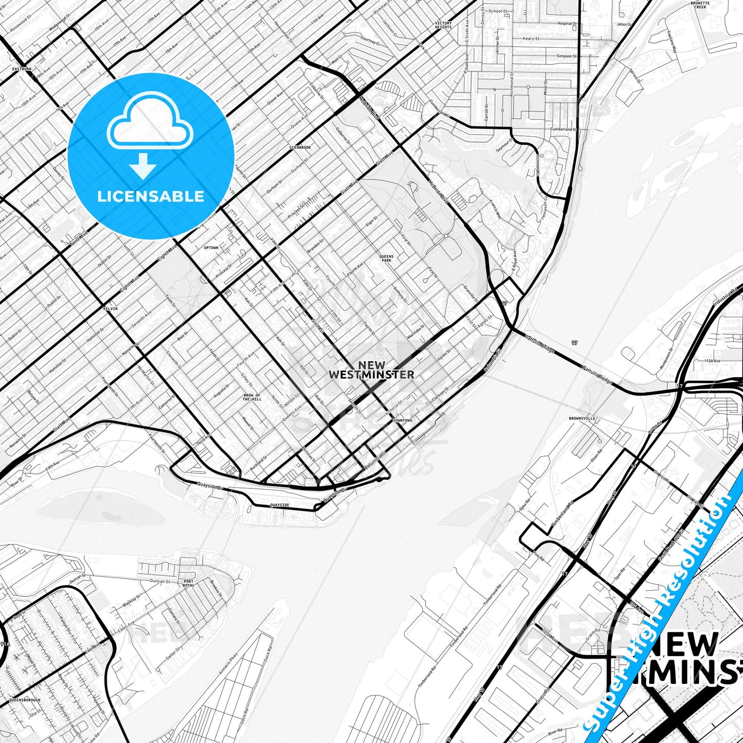 New Westminster, Canada Light Map with Street Names, City Names, and Districts