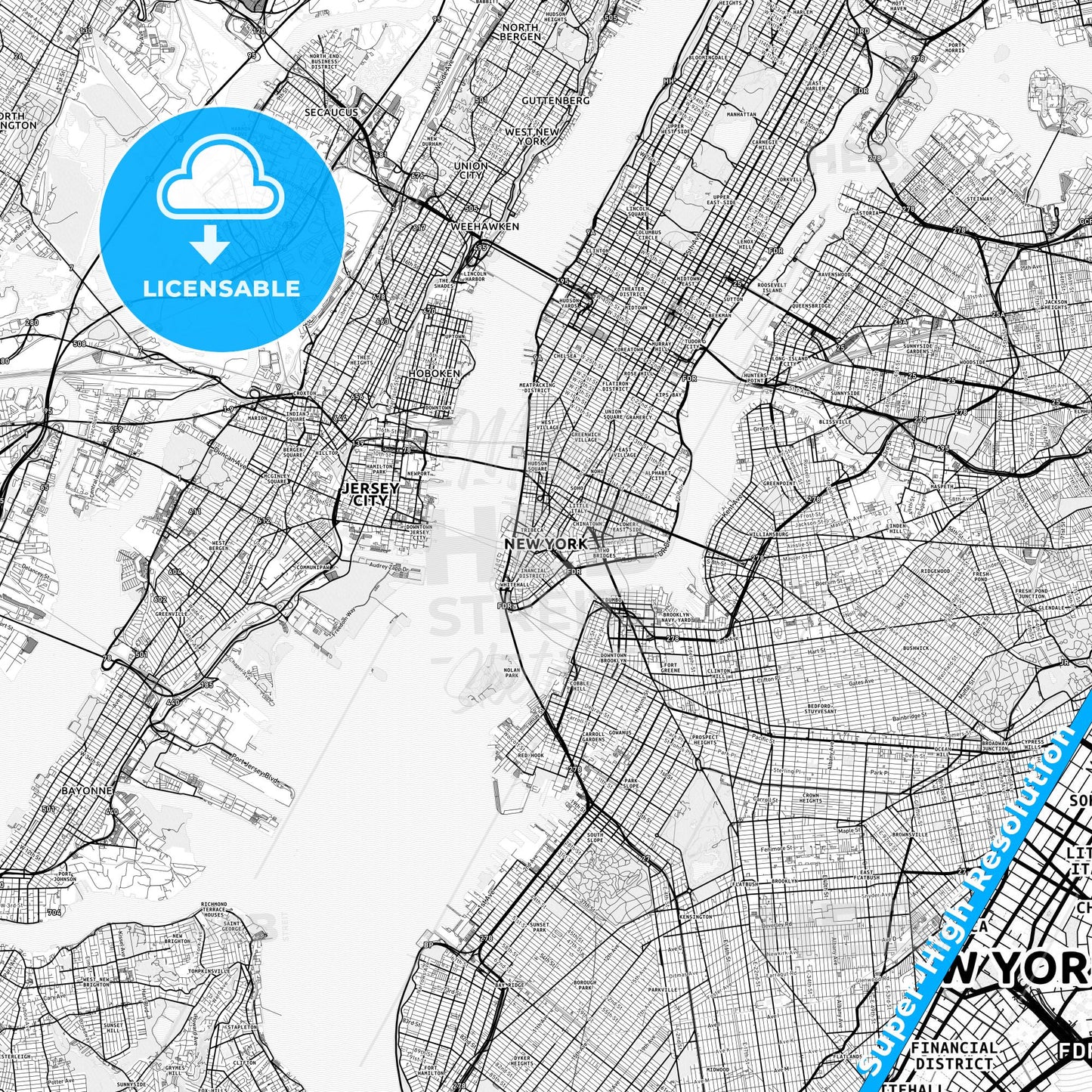 New York City, United States light map with streetnames, citynames and districts