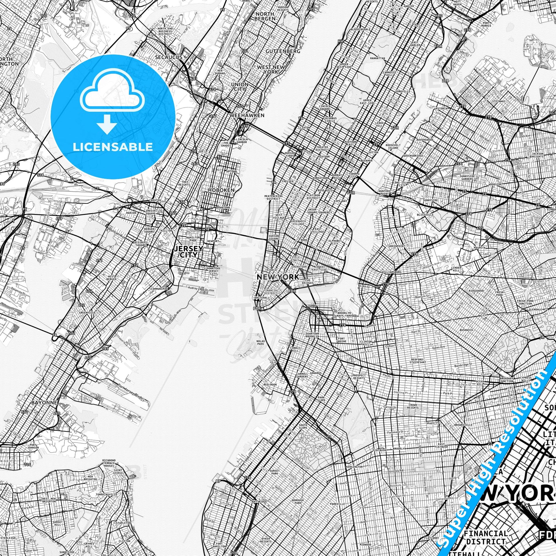 New York City, United States light map with streetnames, citynames and districts