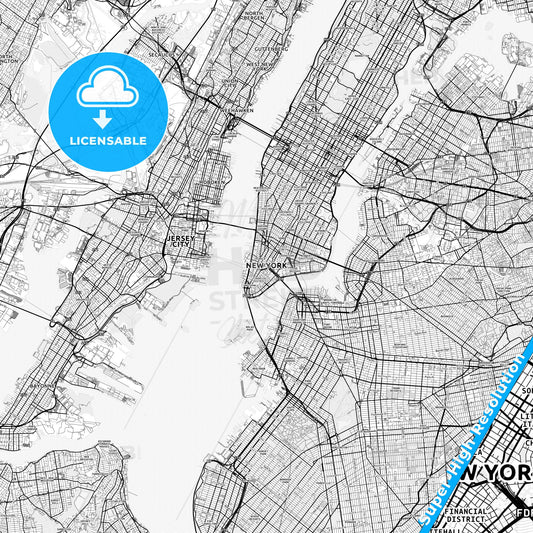 New York City, United States light map with streetnames, citynames and districts