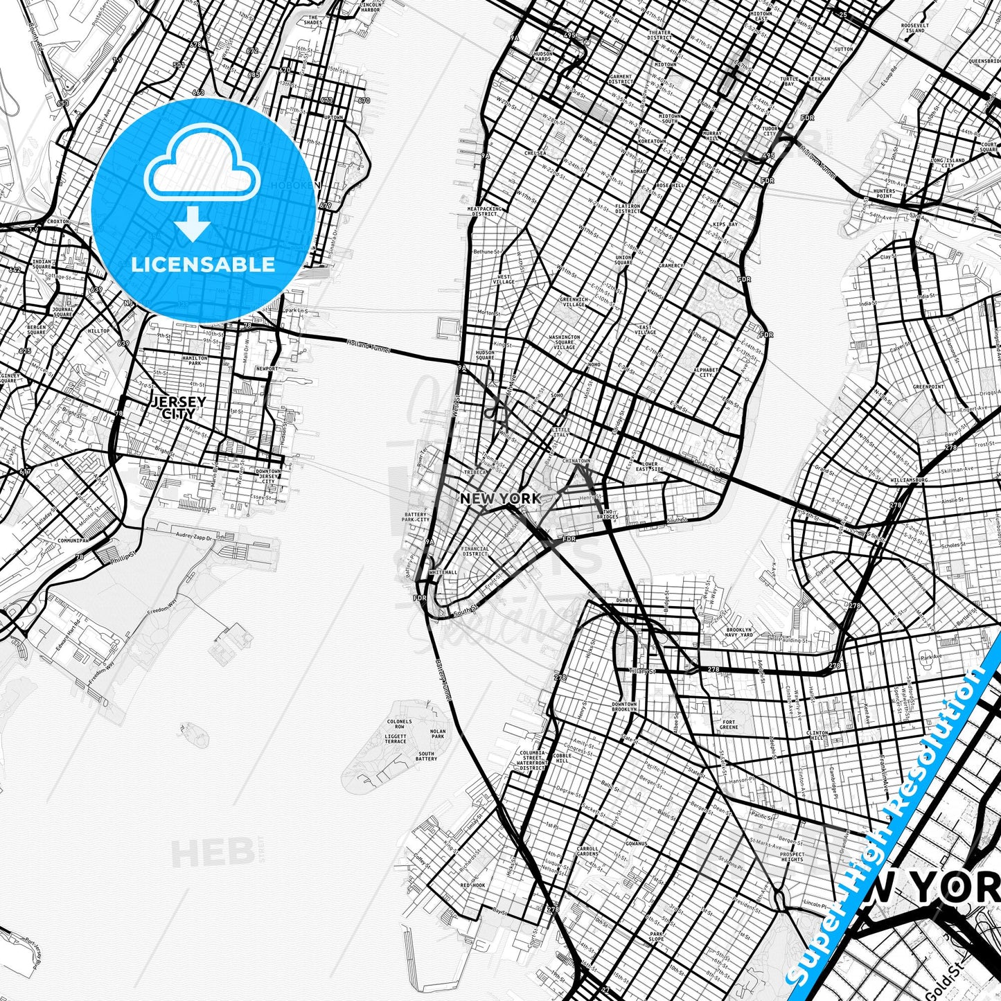 New York City, United States Light Map with Street Names, City Names, and Districts