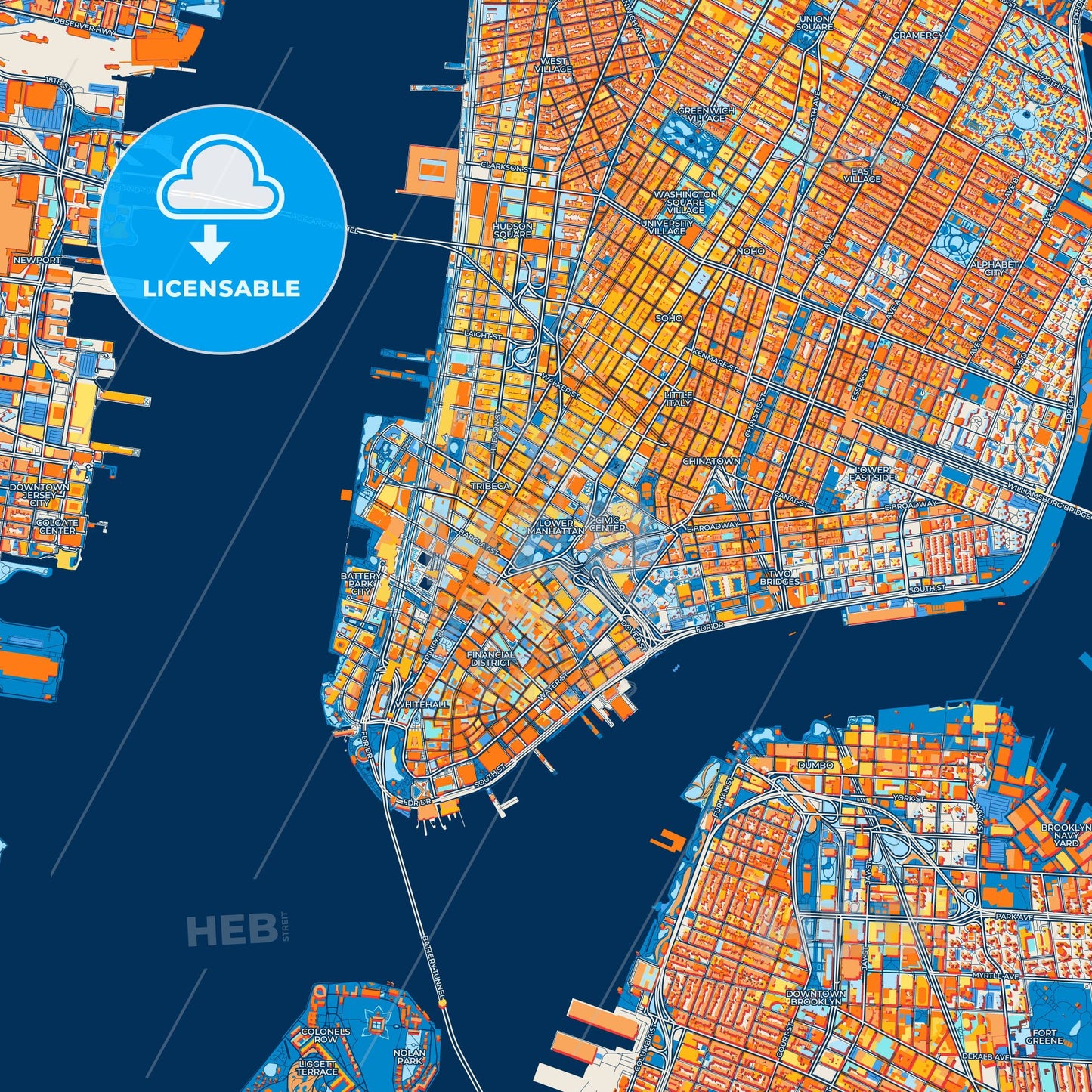 Colorful New York City Street Map with Labels and Buildings