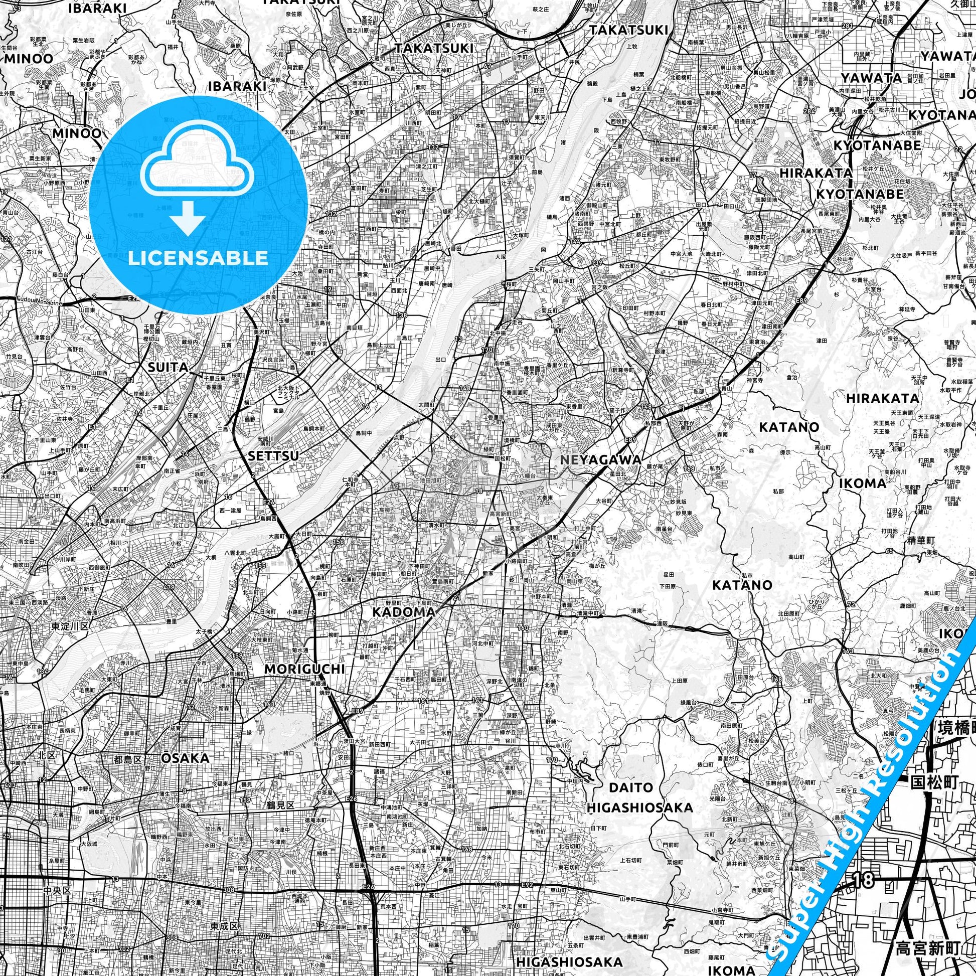 Neyagawa, Japan light map with streetnames, citynames and districts