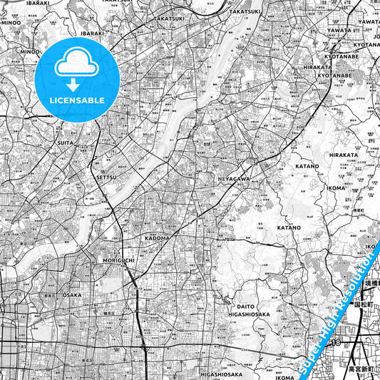 Neyagawa, Japan light map with streetnames, citynames and districts