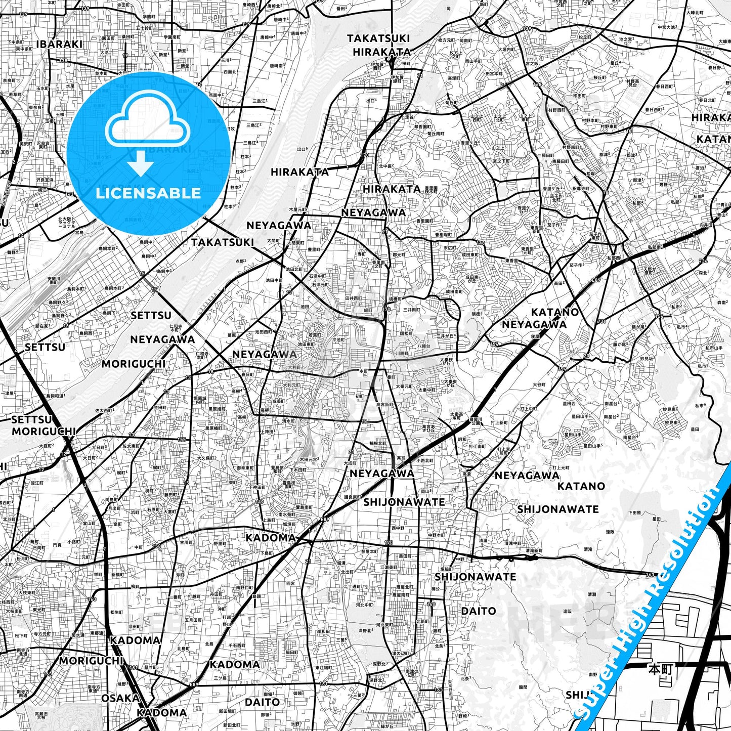 Neyagawa, Japan Light Map with Street Names, City Names, and Districts