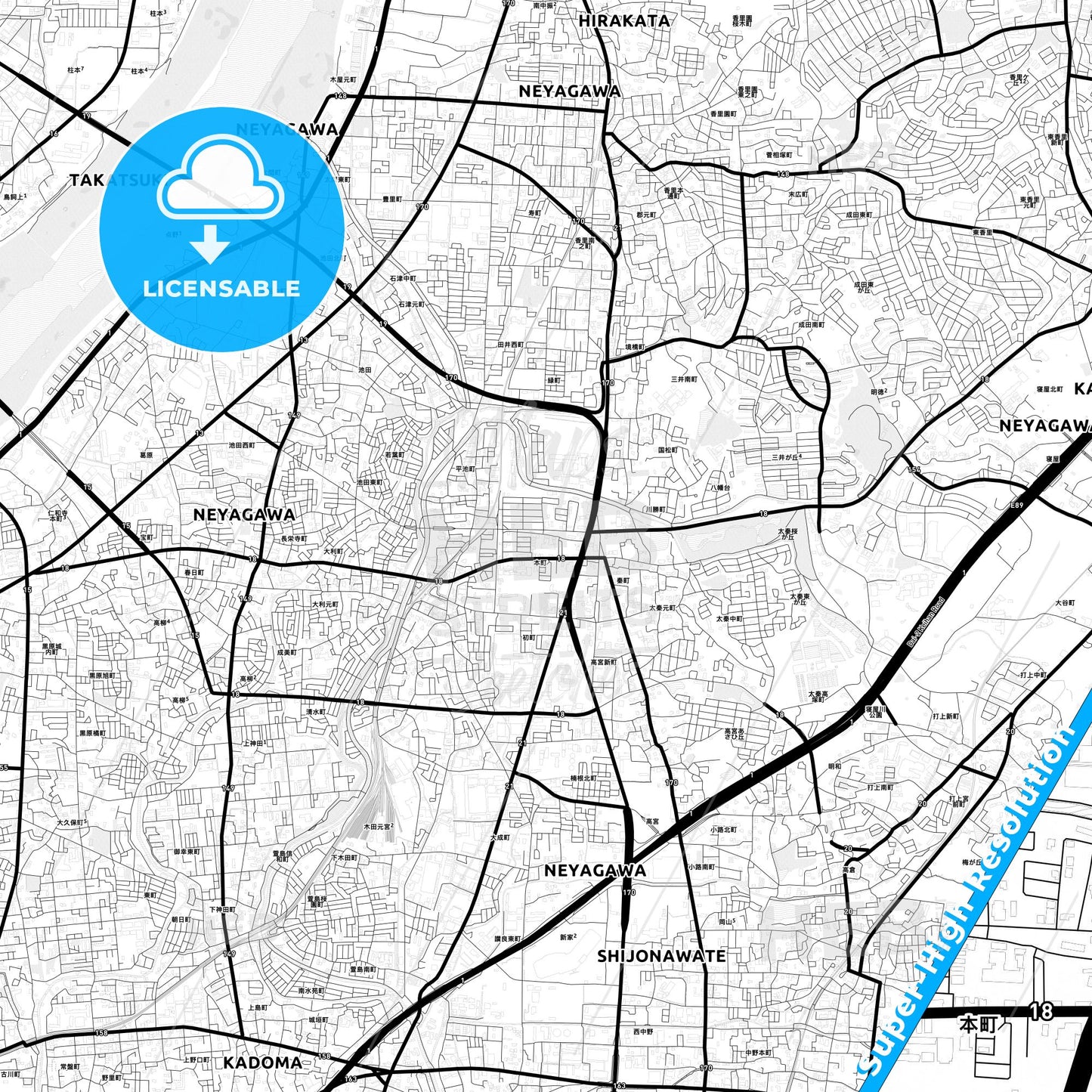 Neyagawa, Japan Light Map with Street Names, City Names, and Districts