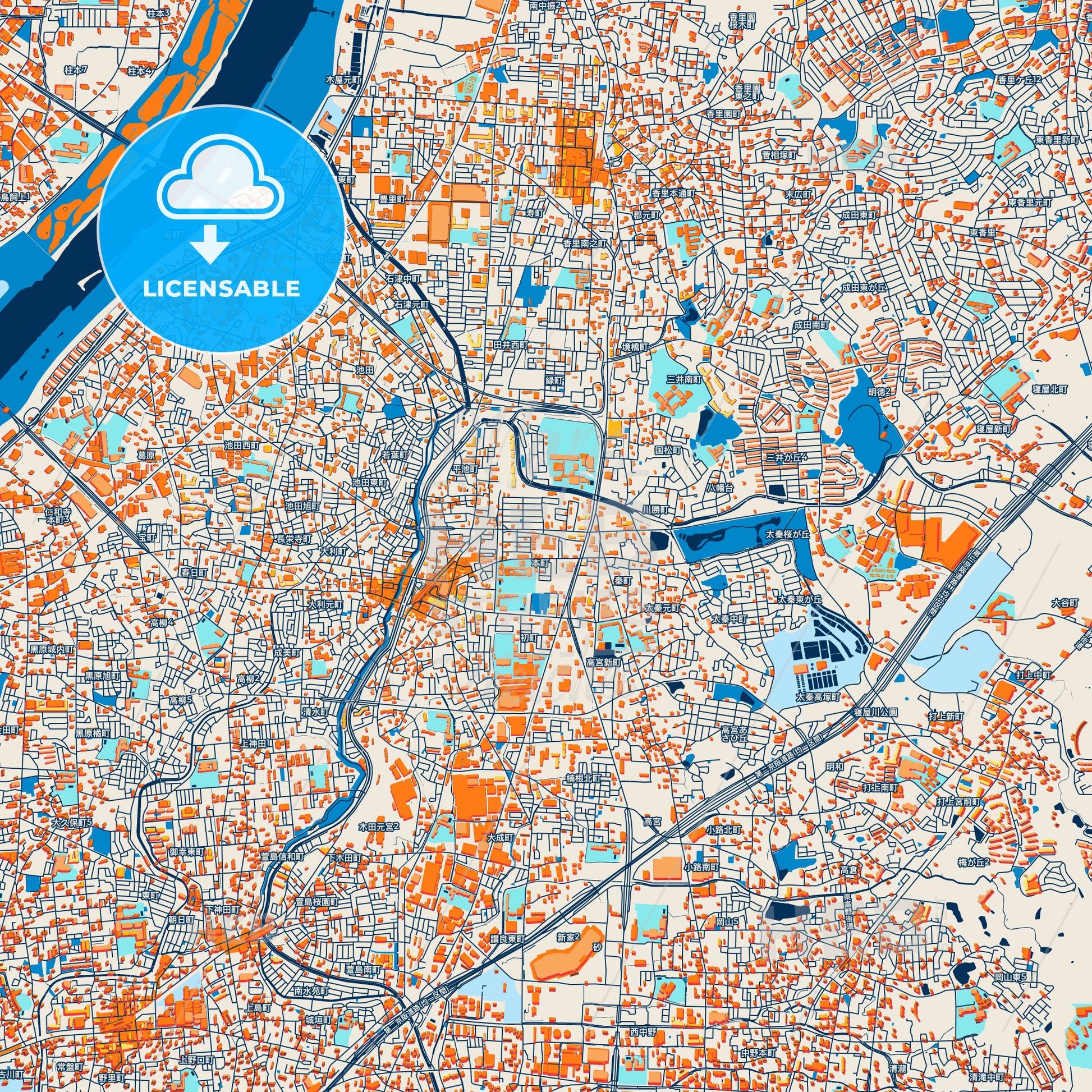 Colorful Neyagawa Street Map with Labels and Buildings