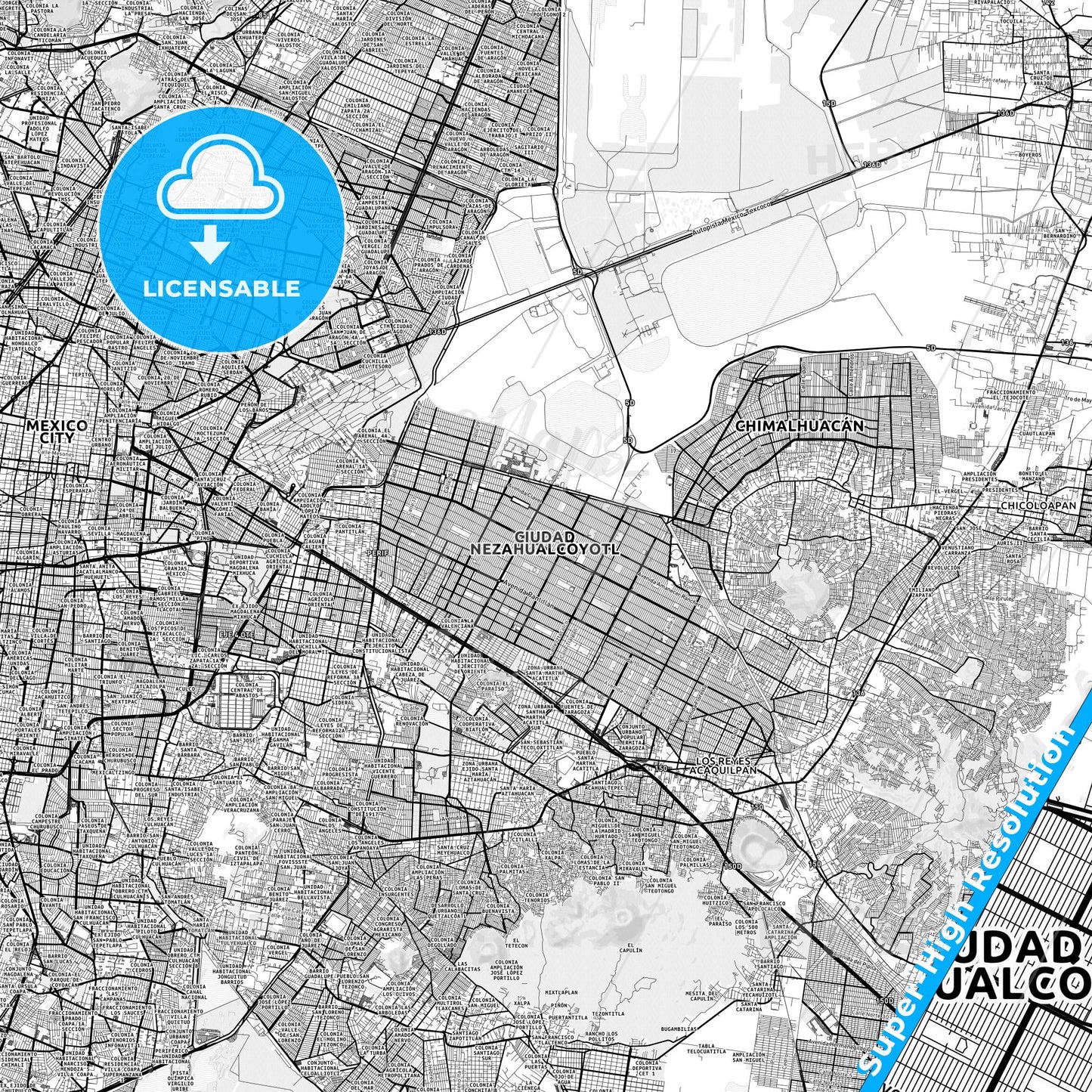 Nezahualcóyotl, Mexico light map with streetnames, citynames and districts