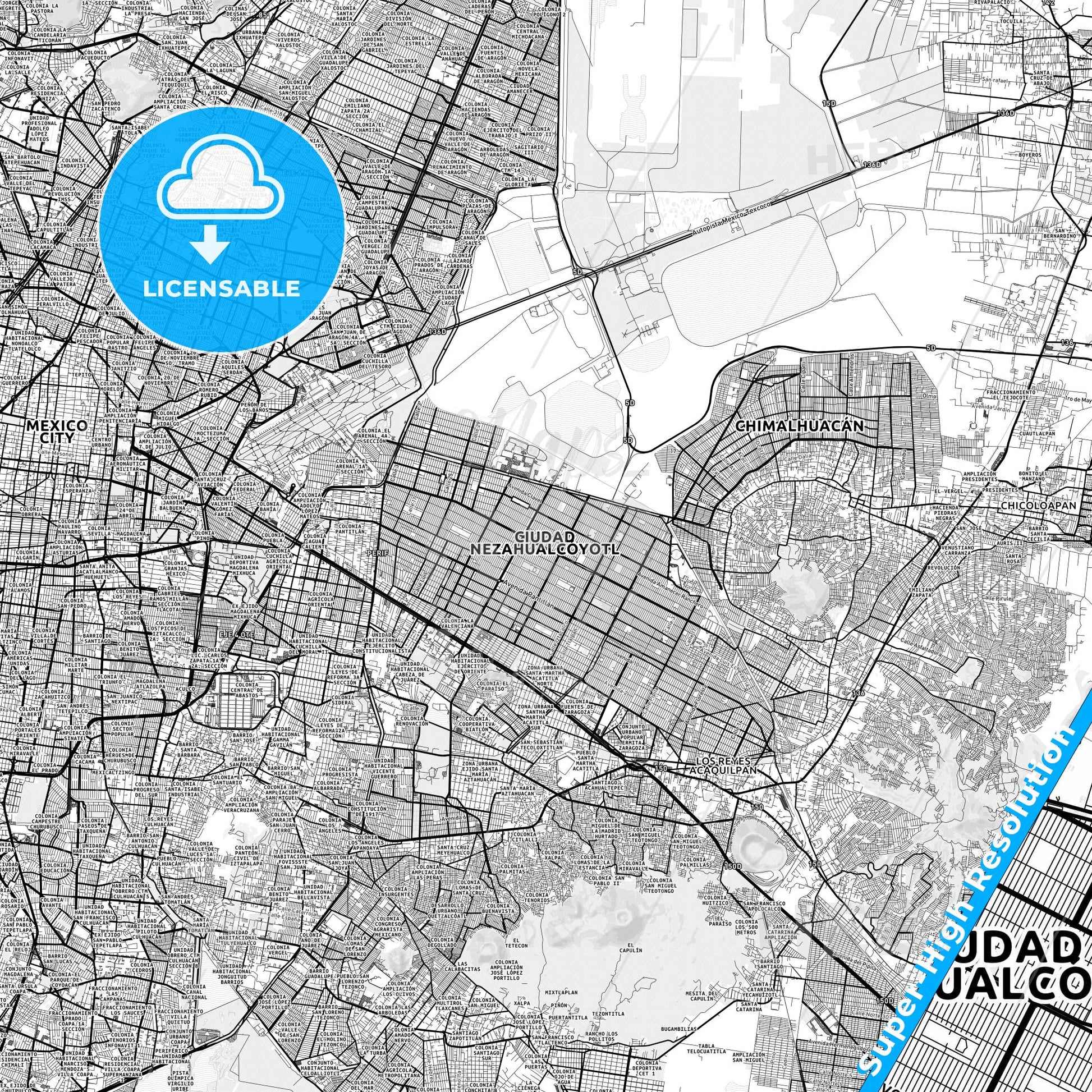 Nezahualcóyotl, Mexico light map with streetnames, citynames and districts