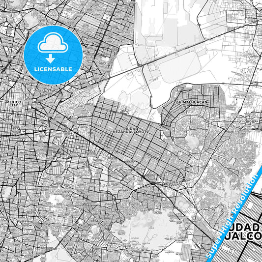 Nezahualcóyotl, Mexico light map with streetnames, citynames and districts