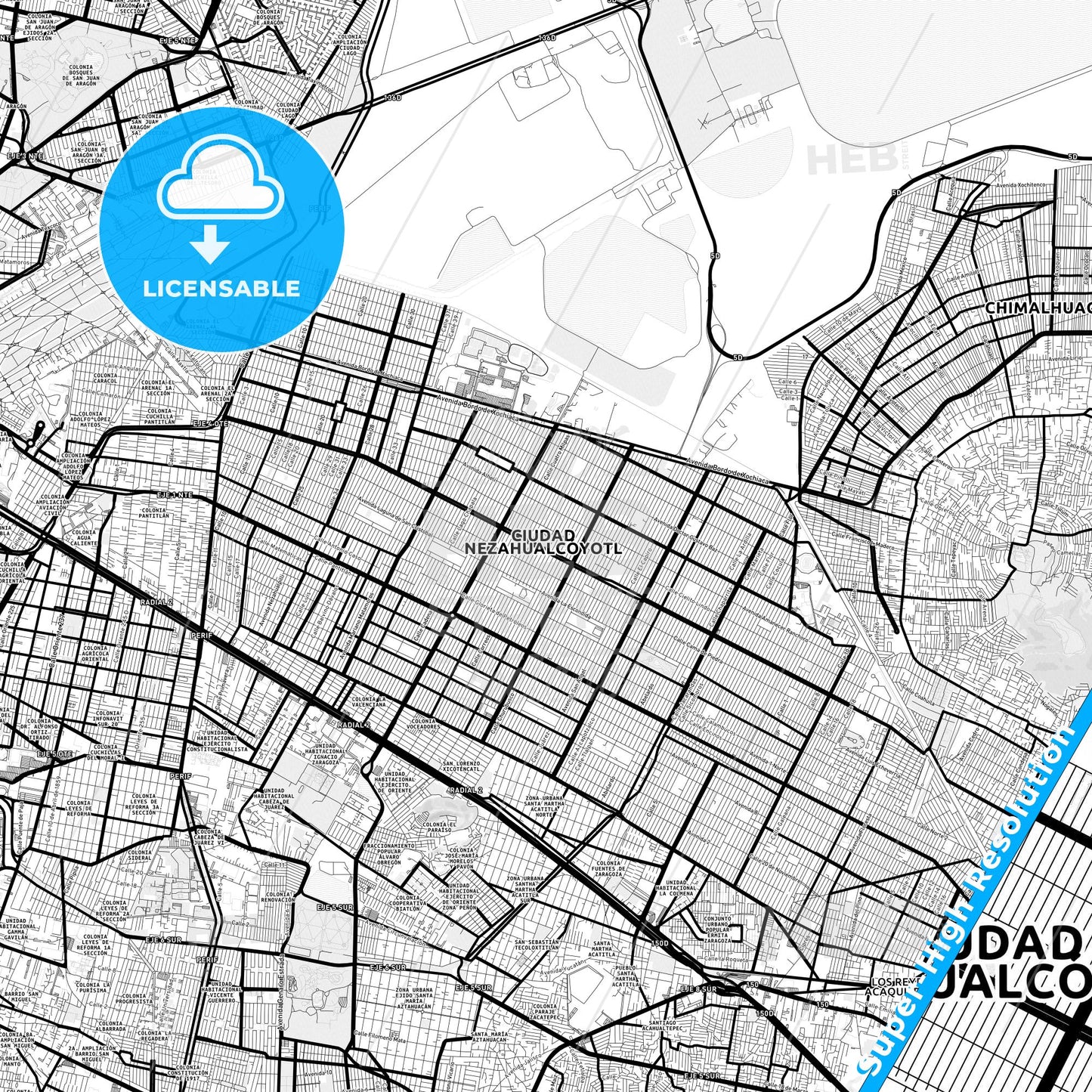 Nezahualcóyotl, Mexico Light Map with Street Names, City Names, and Districts