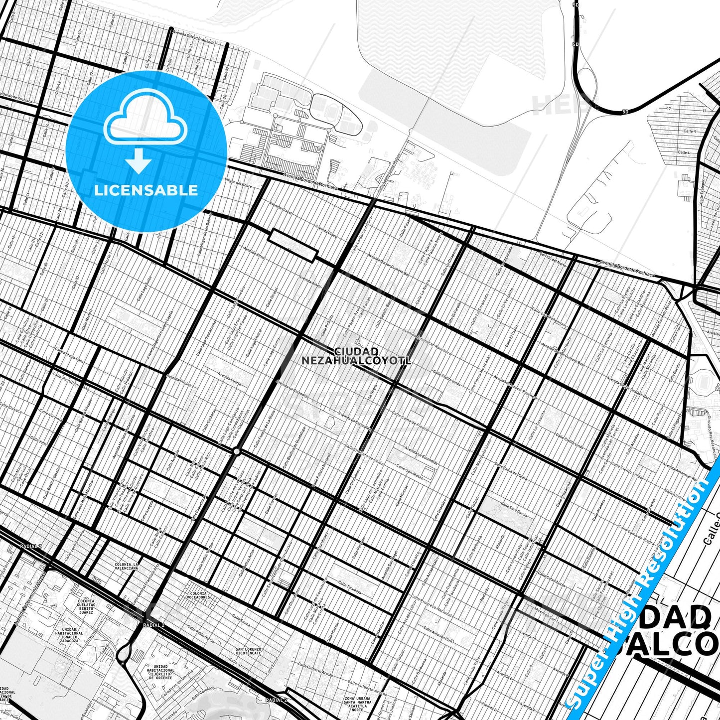 Nezahualcóyotl, Mexico Light Map with Street Names, City Names, and Districts