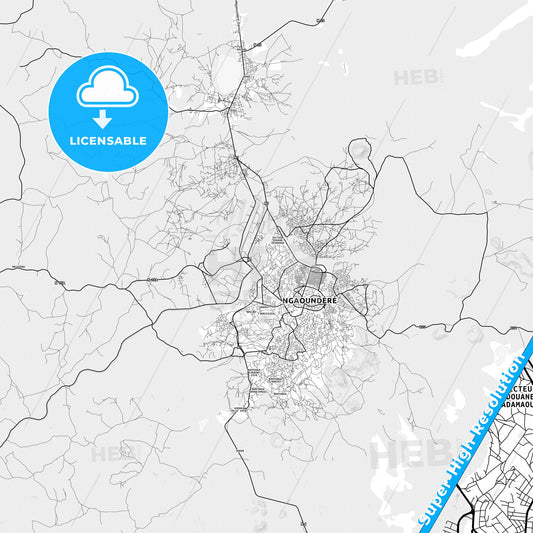 Ngaoundere, Cameroon light map with streetnames, citynames and districts