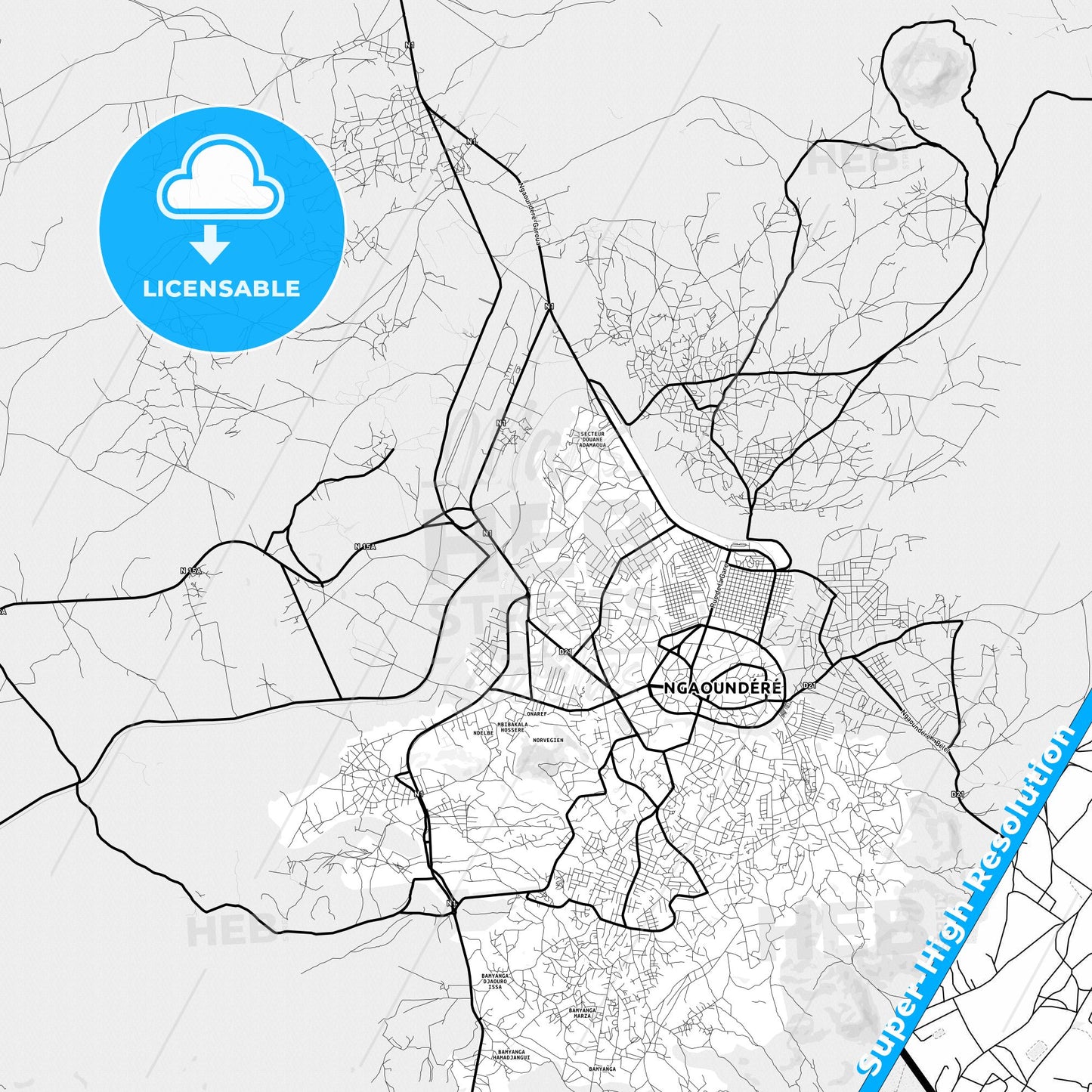 Ngaoundere, Cameroon Light Map with Street Names, City Names, and Districts