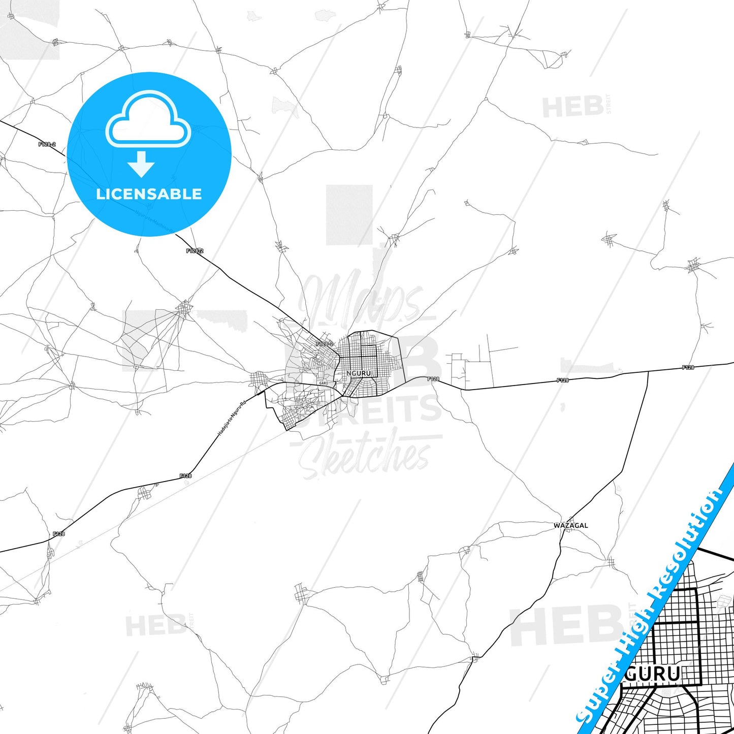 Nguru, Nigeria light map with streetnames, citynames and districts