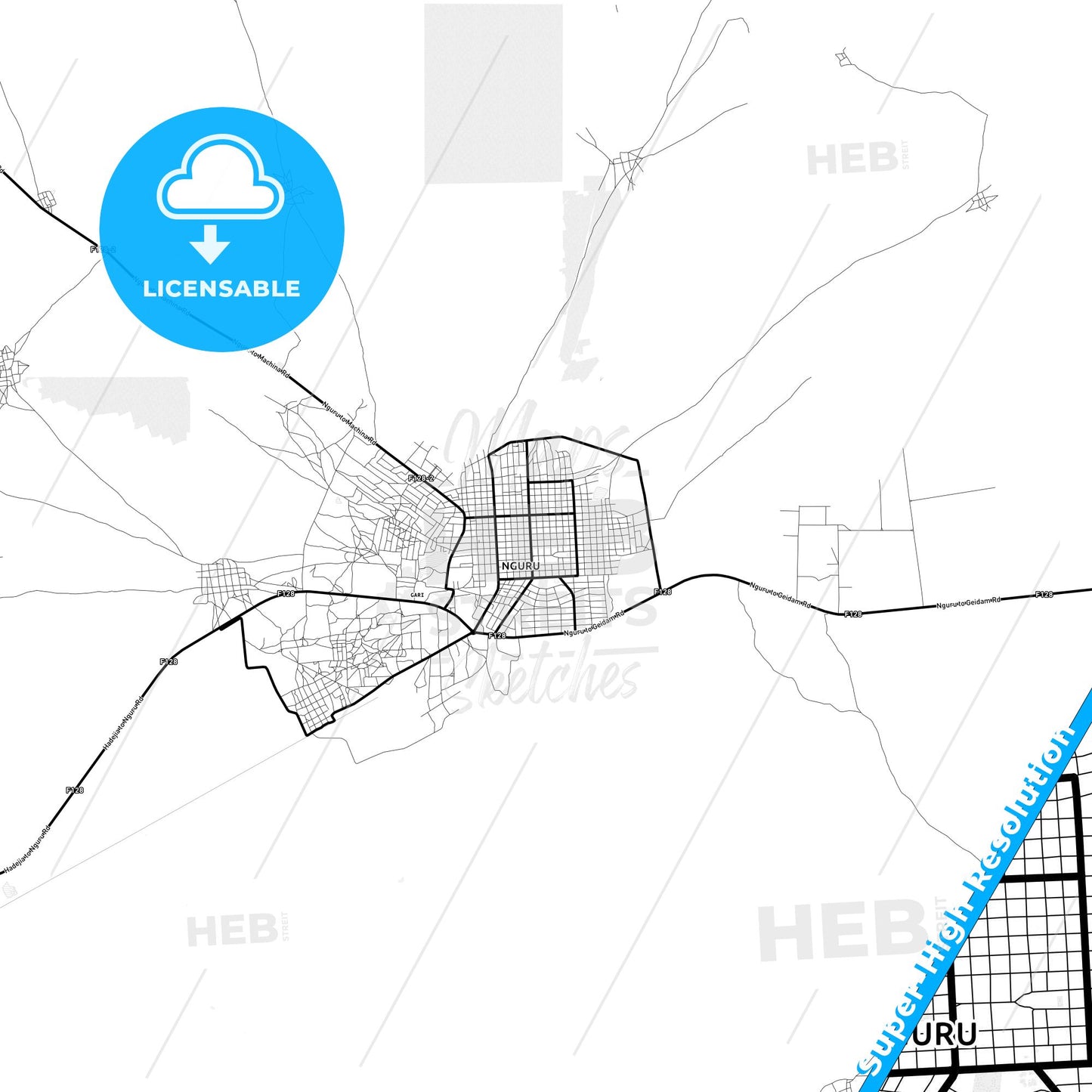 Nguru, Nigeria Light Map with Street Names, City Names, and Districts