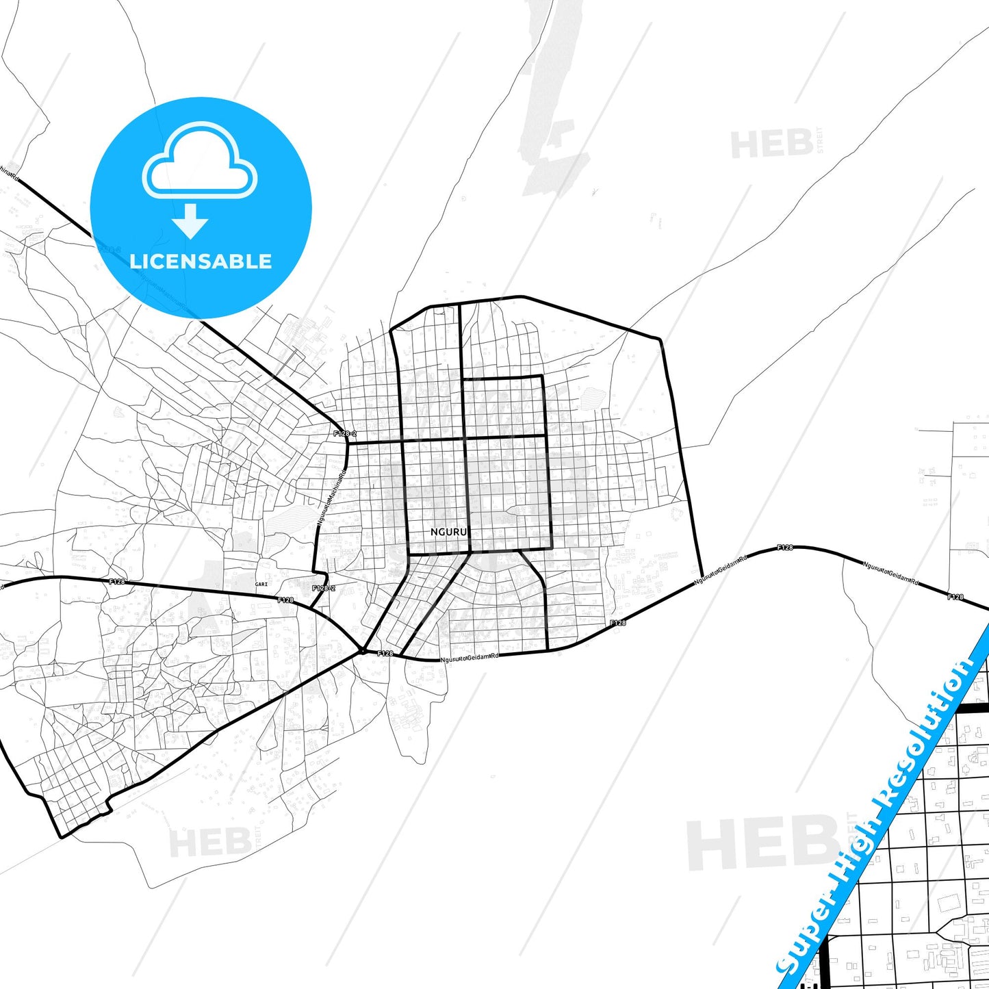 Nguru, Nigeria Light Map with Street Names, City Names, and Districts