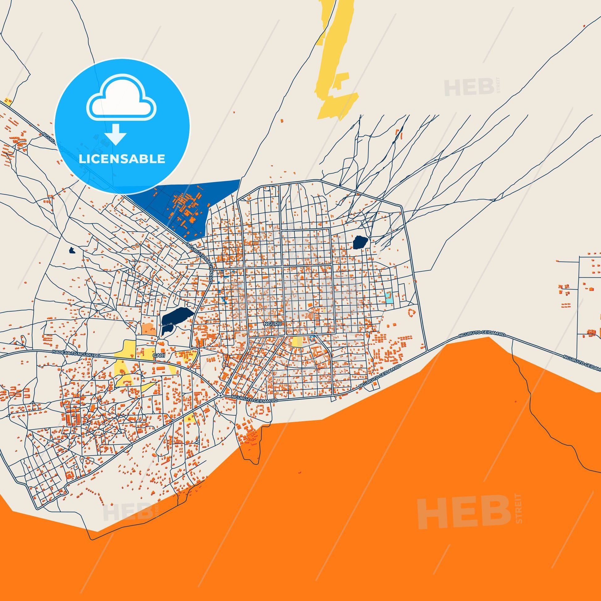 Colorful Nguru Street Map with Labels and Buildings