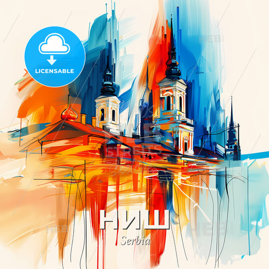 Vibrant Ниш, Serbia - A Painting Of A Building With Towers - Square format print template