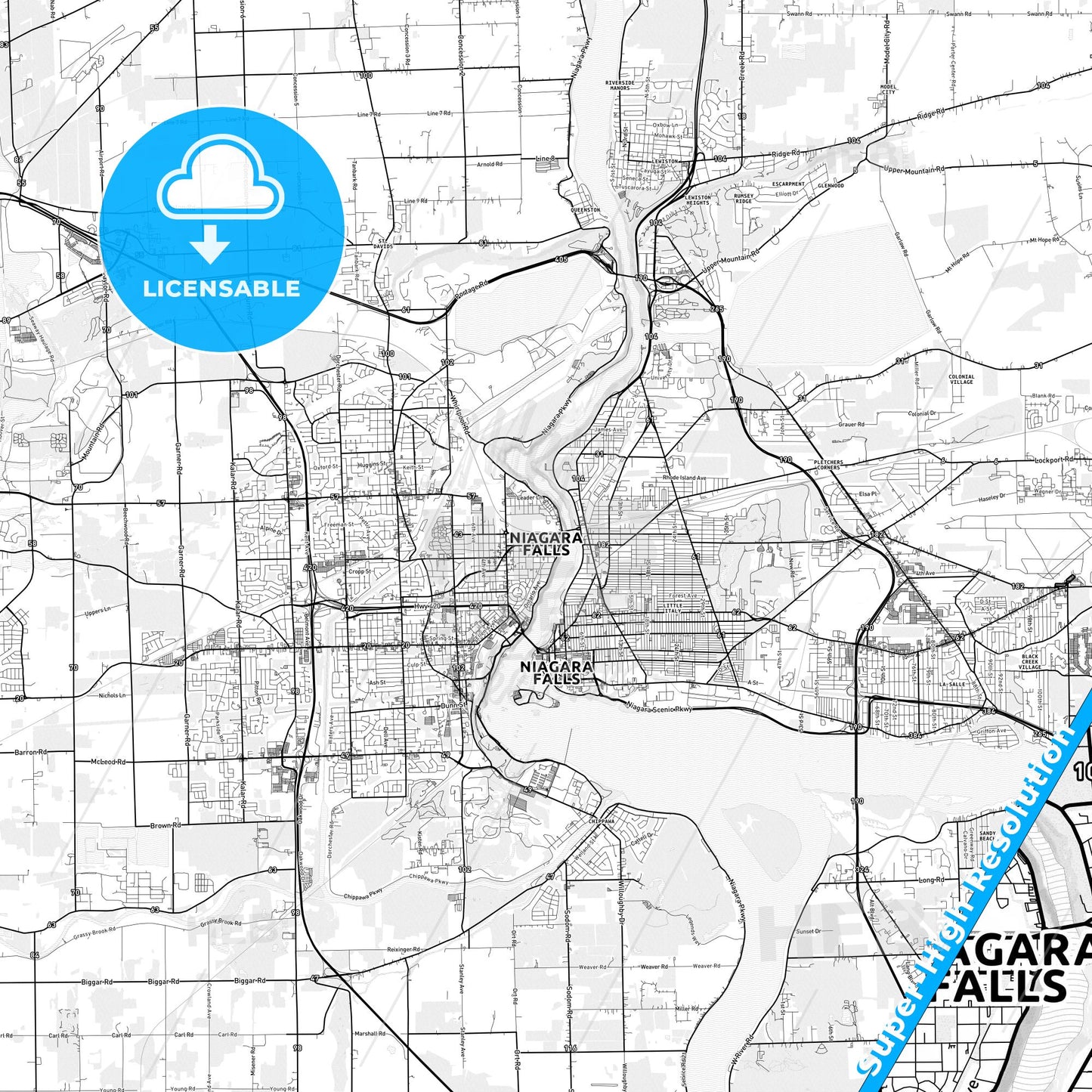 Niagara Falls, Canada light map with streetnames, citynames and districts