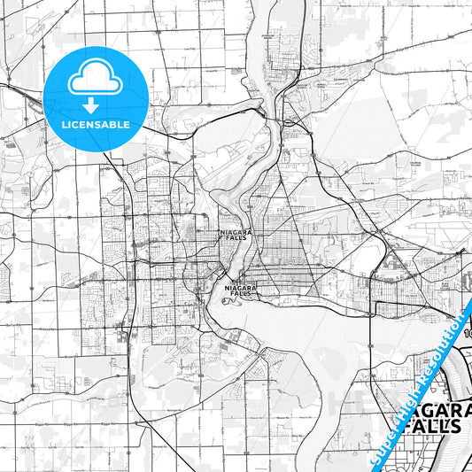 Niagara Falls, Canada light map with streetnames, citynames and districts