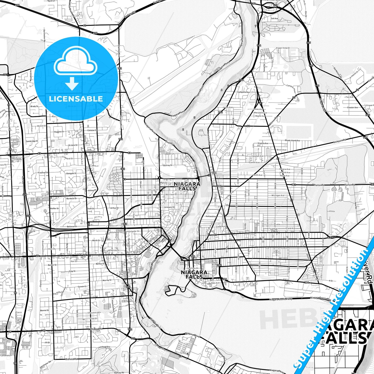 Niagara Falls, Canada Light Map with Street Names, City Names, and Districts