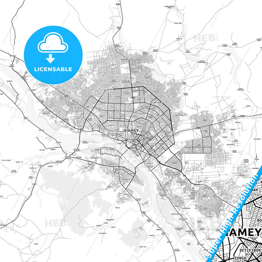 Niamey, Niger light map with streetnames, citynames and districts