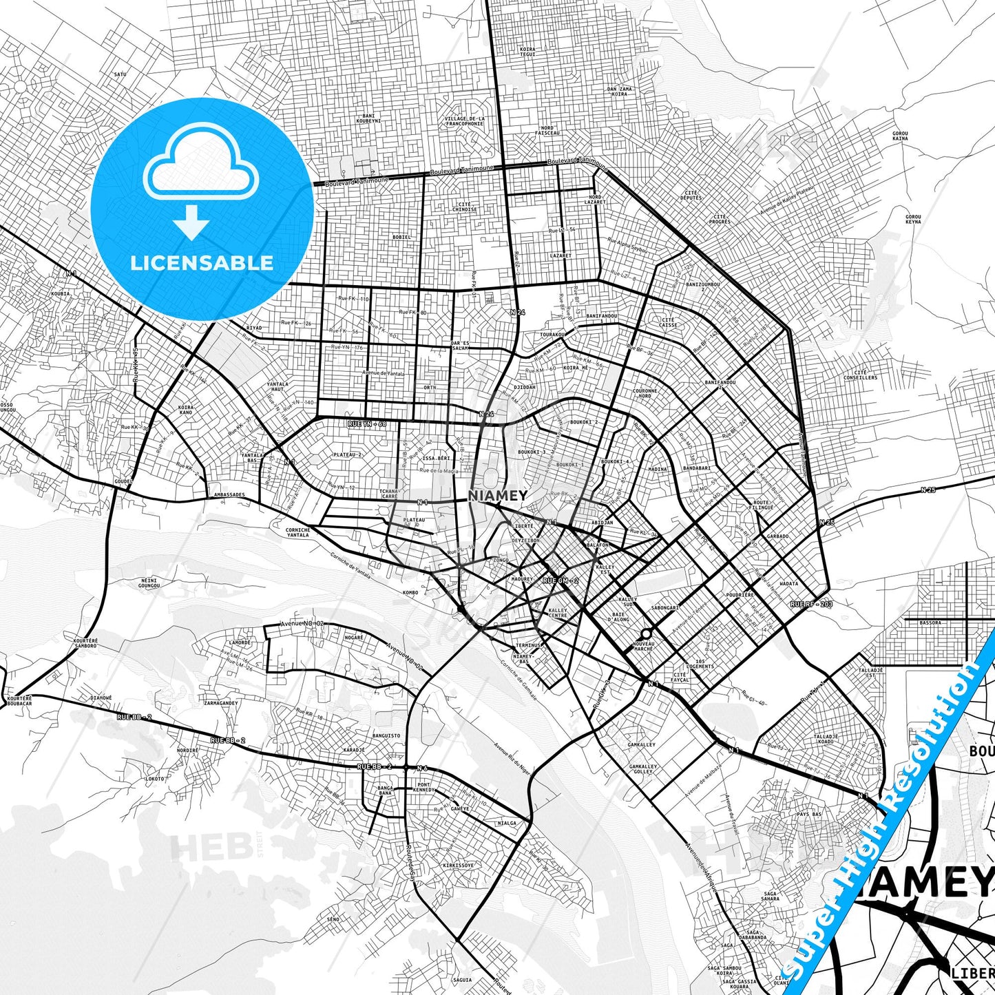 Niamey, Niger Light Map with Street Names, City Names, and Districts